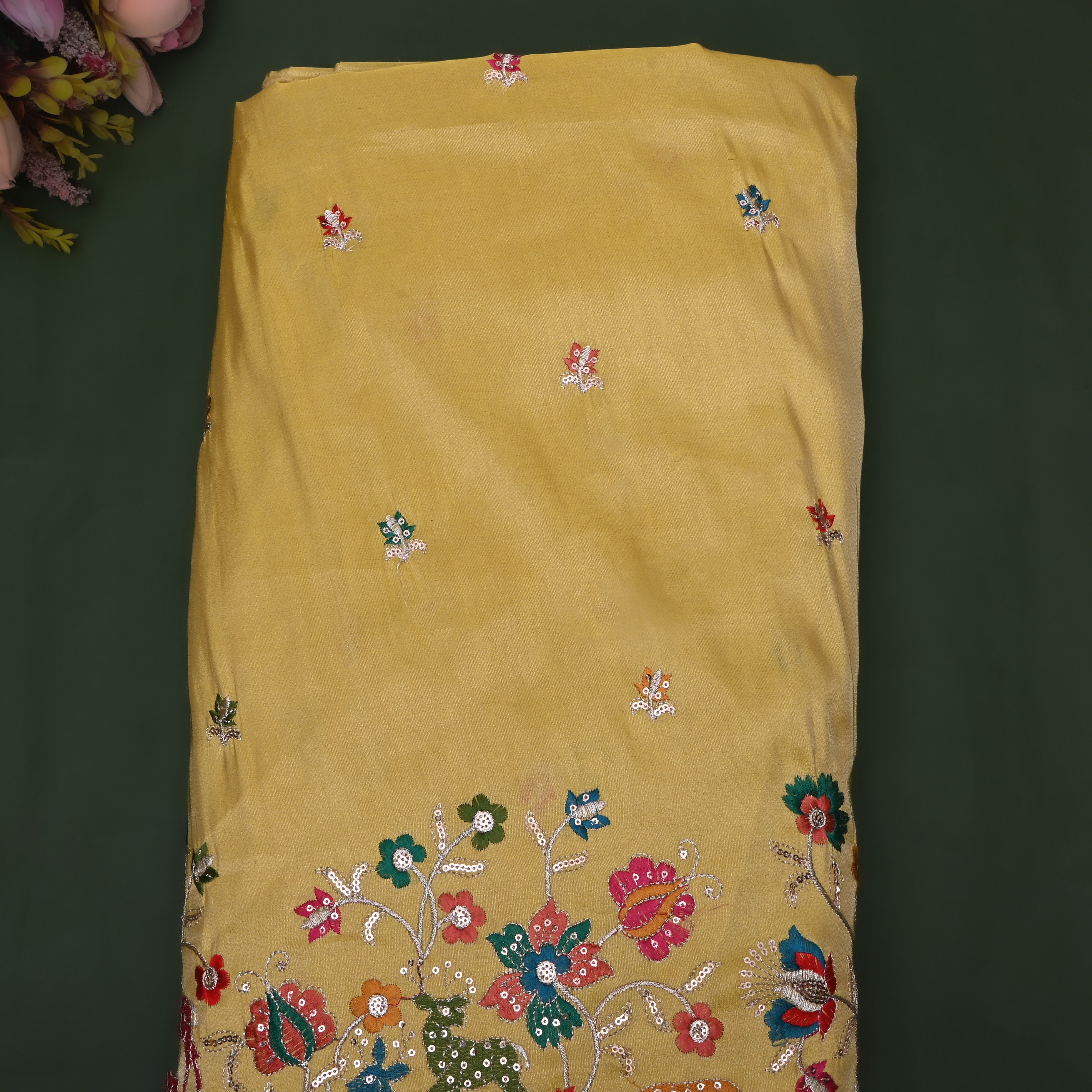 Amber Yellow Thread Embroidered Tissue Fabric