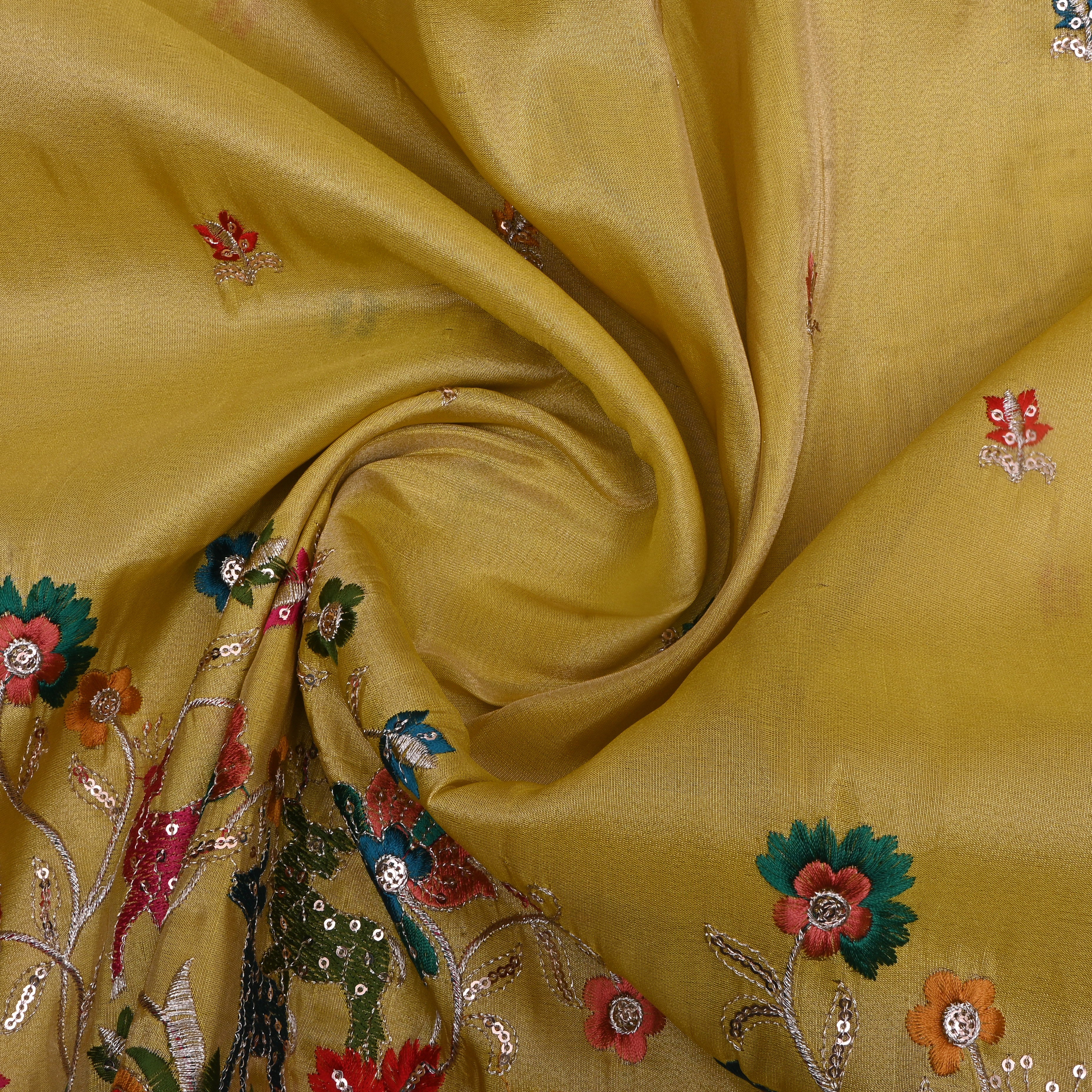 Amber Yellow Thread Embroidered Tissue Fabric