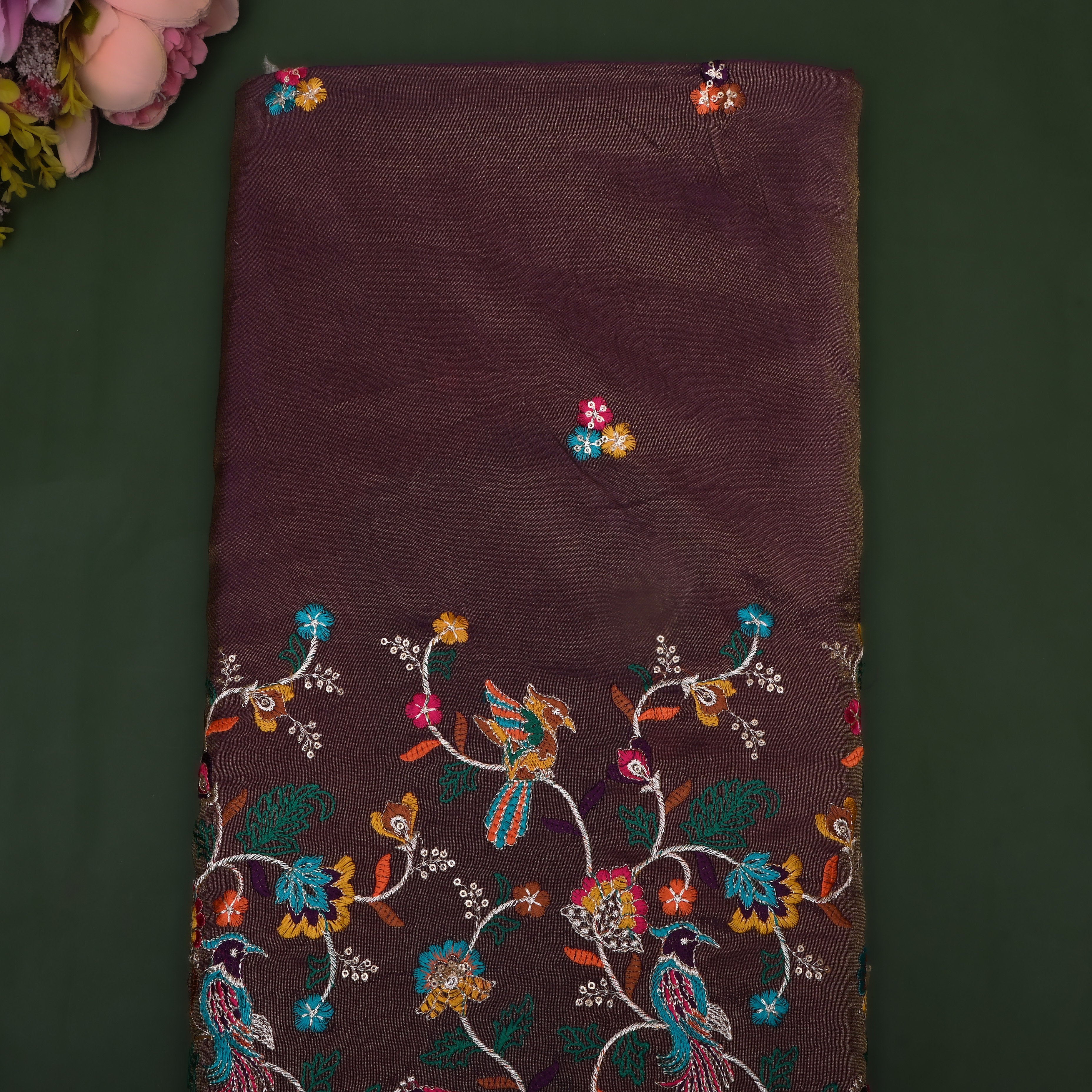 Burgundy Floral Embroidered Tissu Fabric
