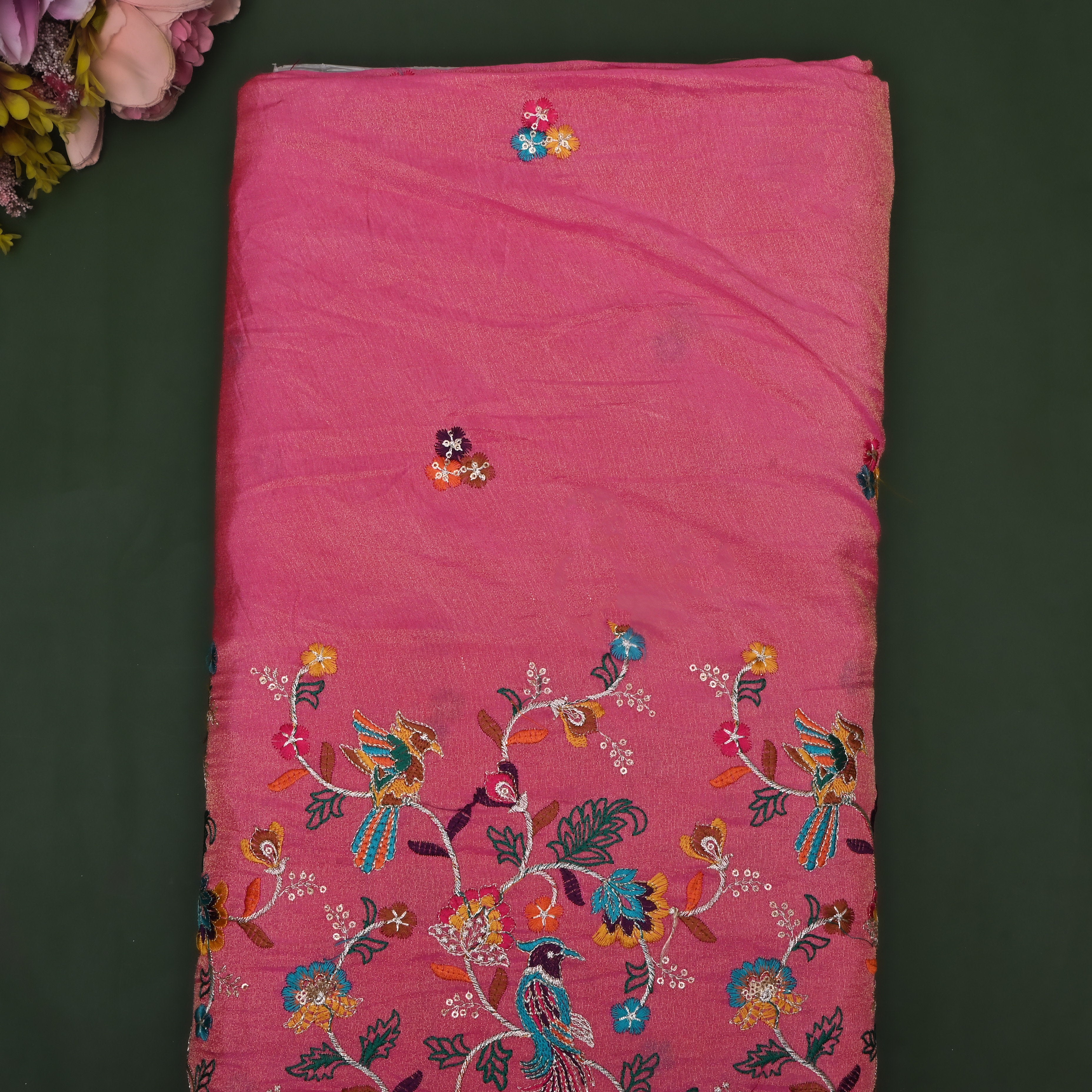 Vibrant Pink Floral Embroidery Tissue Fabric