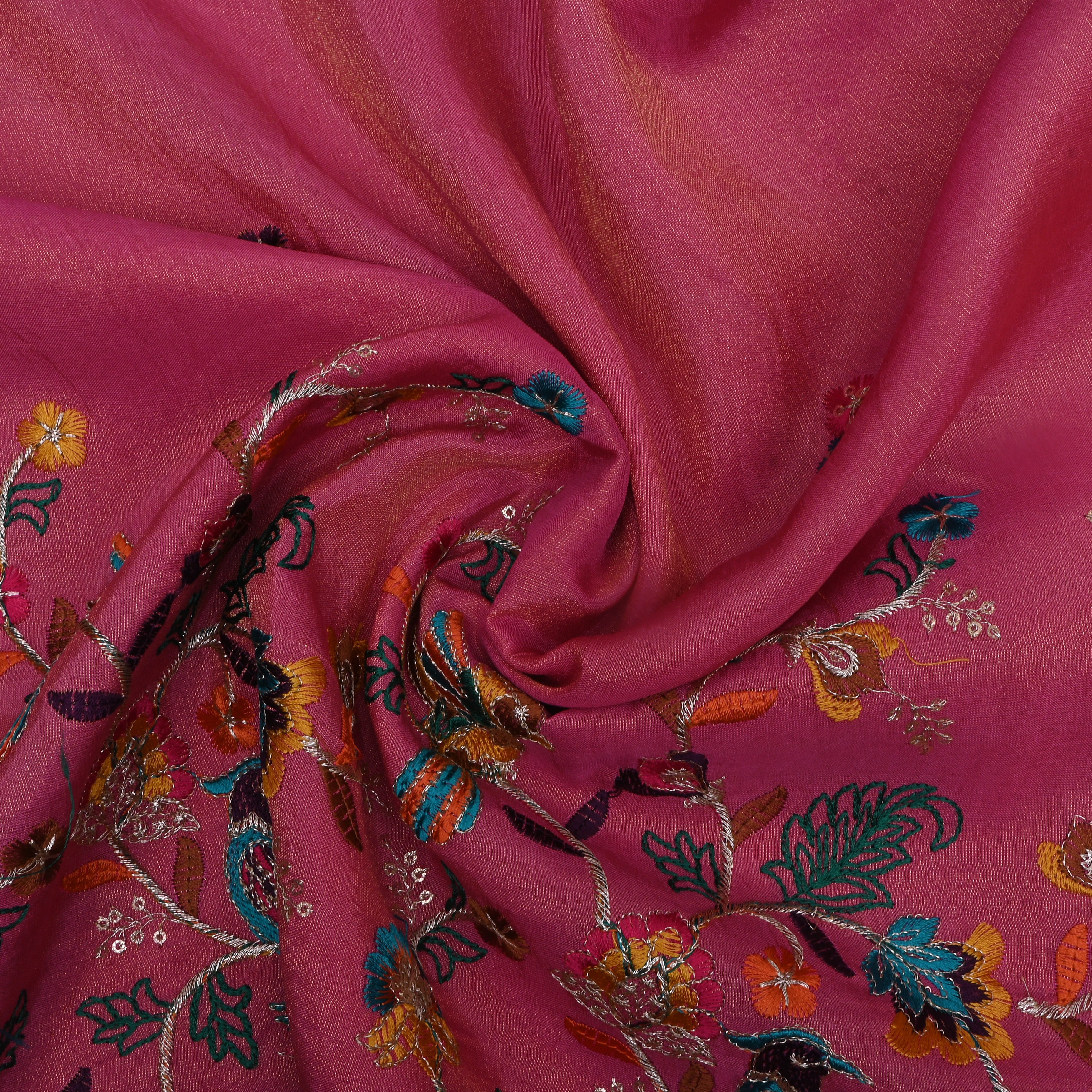 Vibrant Pink Floral Embroidery Tissue Fabric
