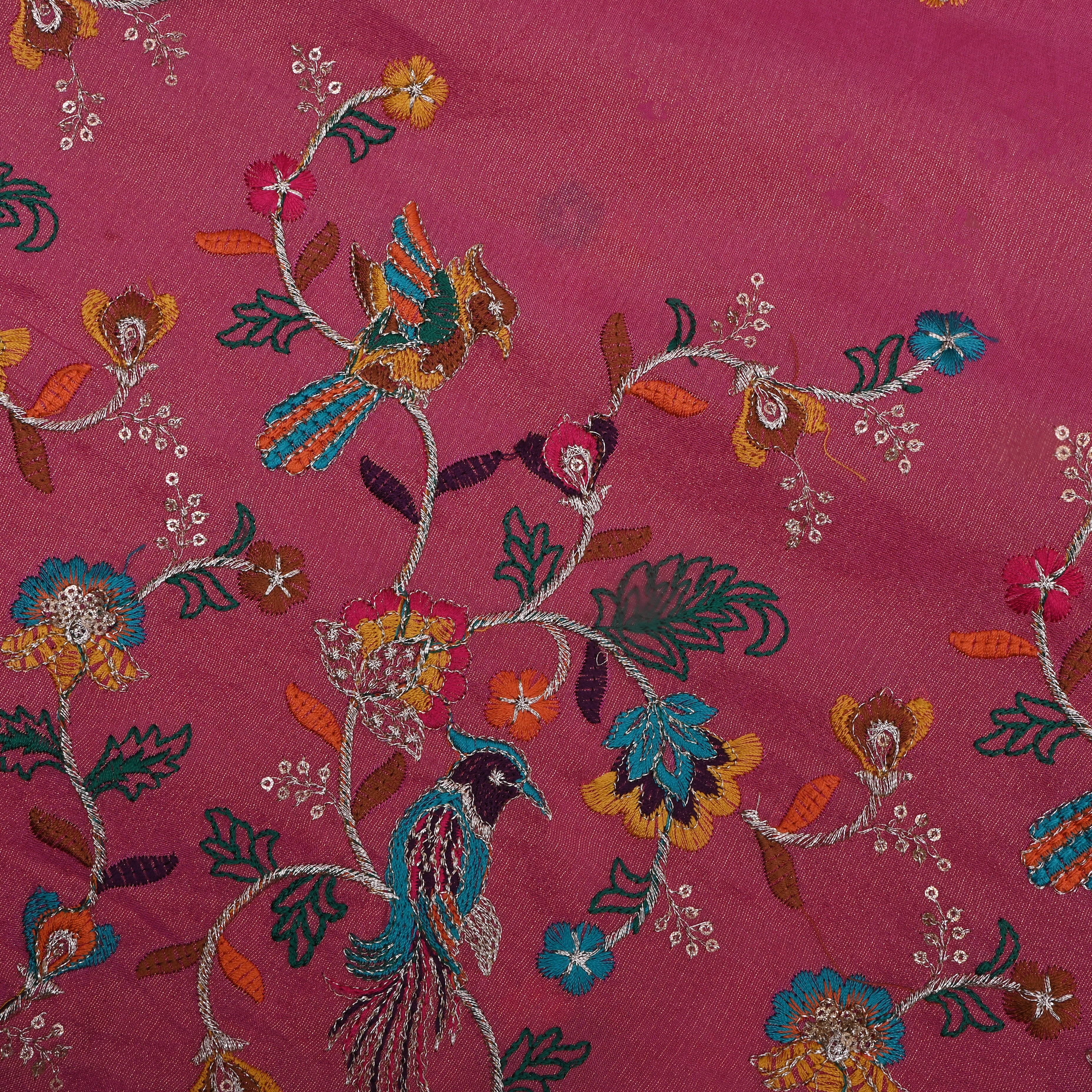 Vibrant Pink Floral Embroidery Tissue Fabric