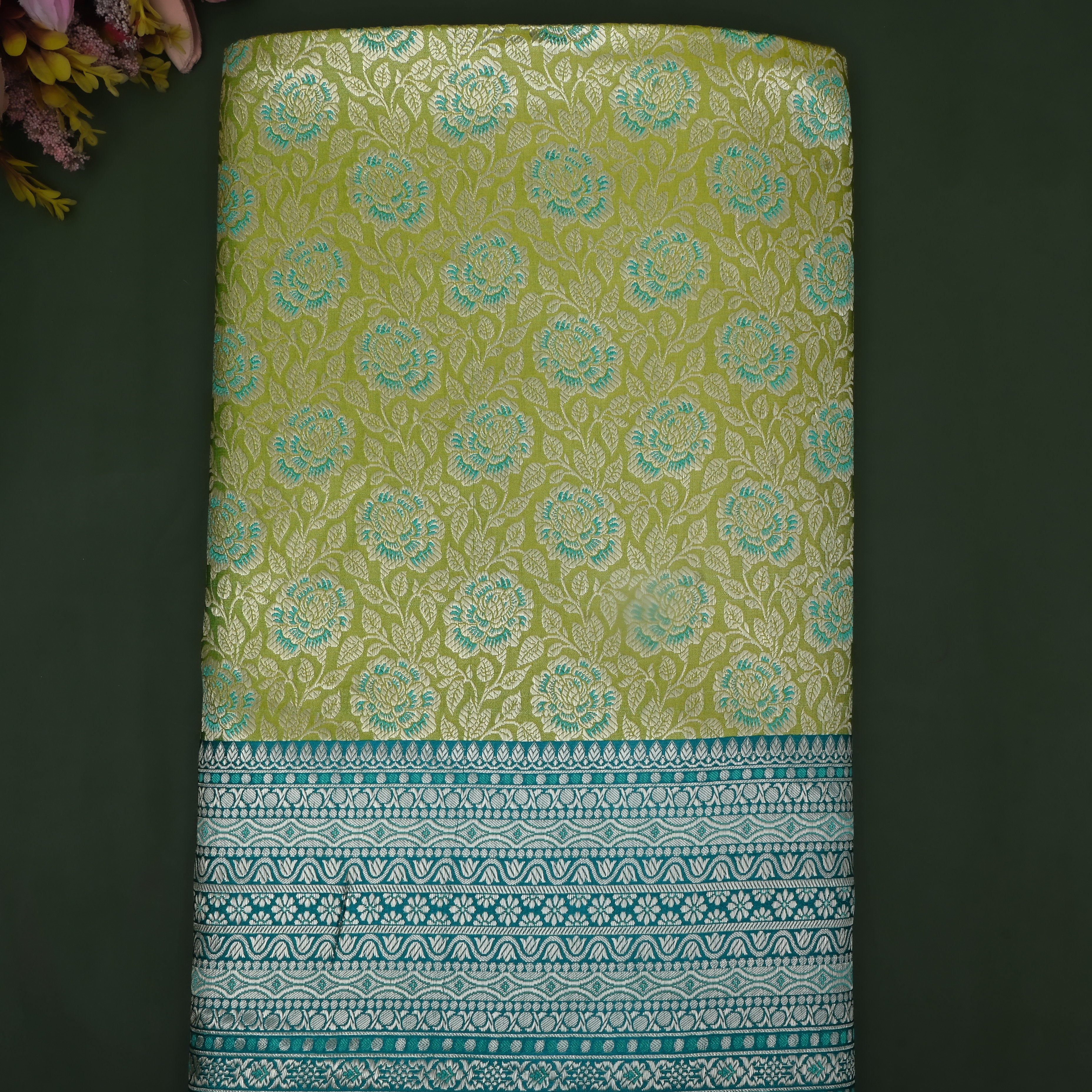 Grass Green Zari Woven Satin Fabric