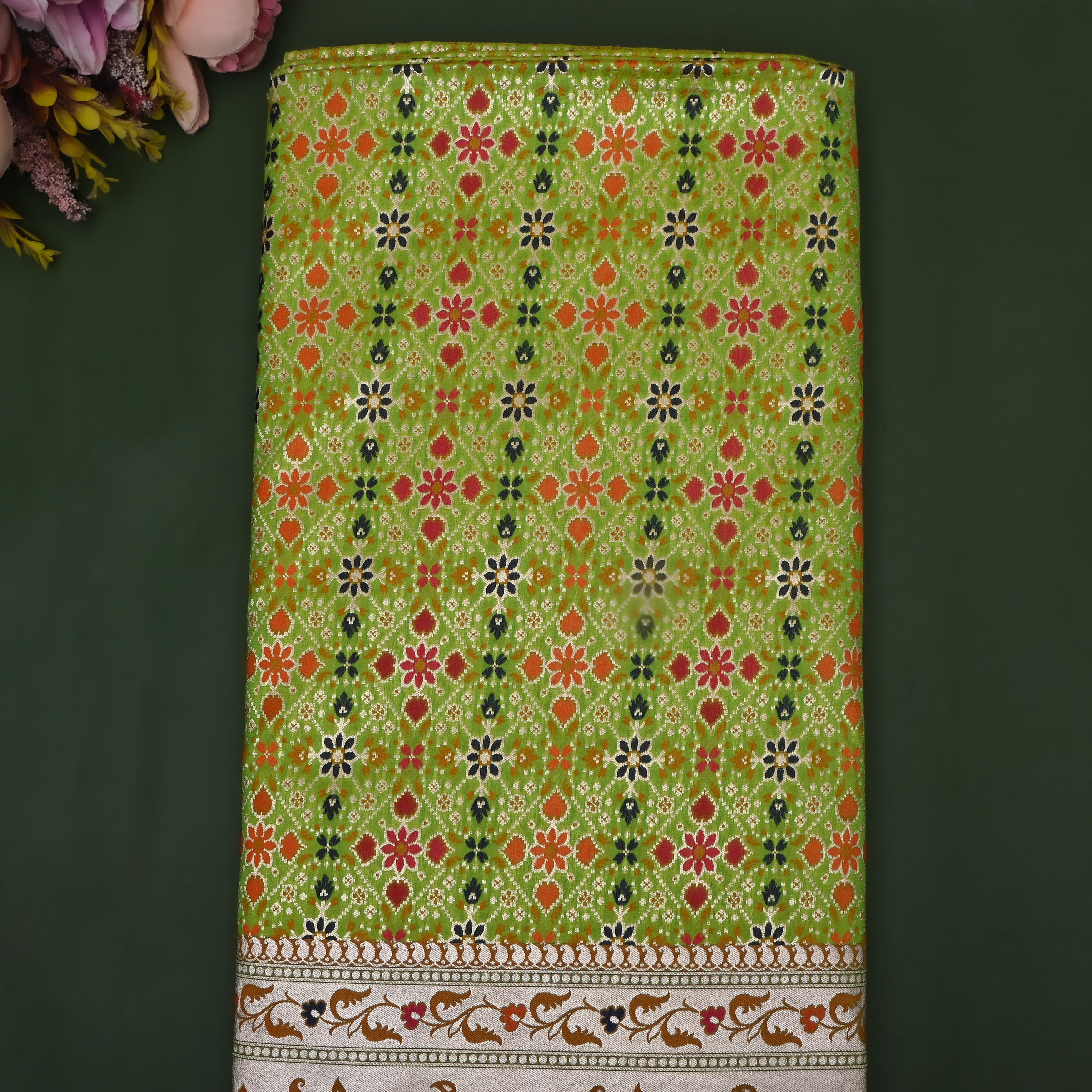 Parrot Green Paithani Woven Satin Fabric