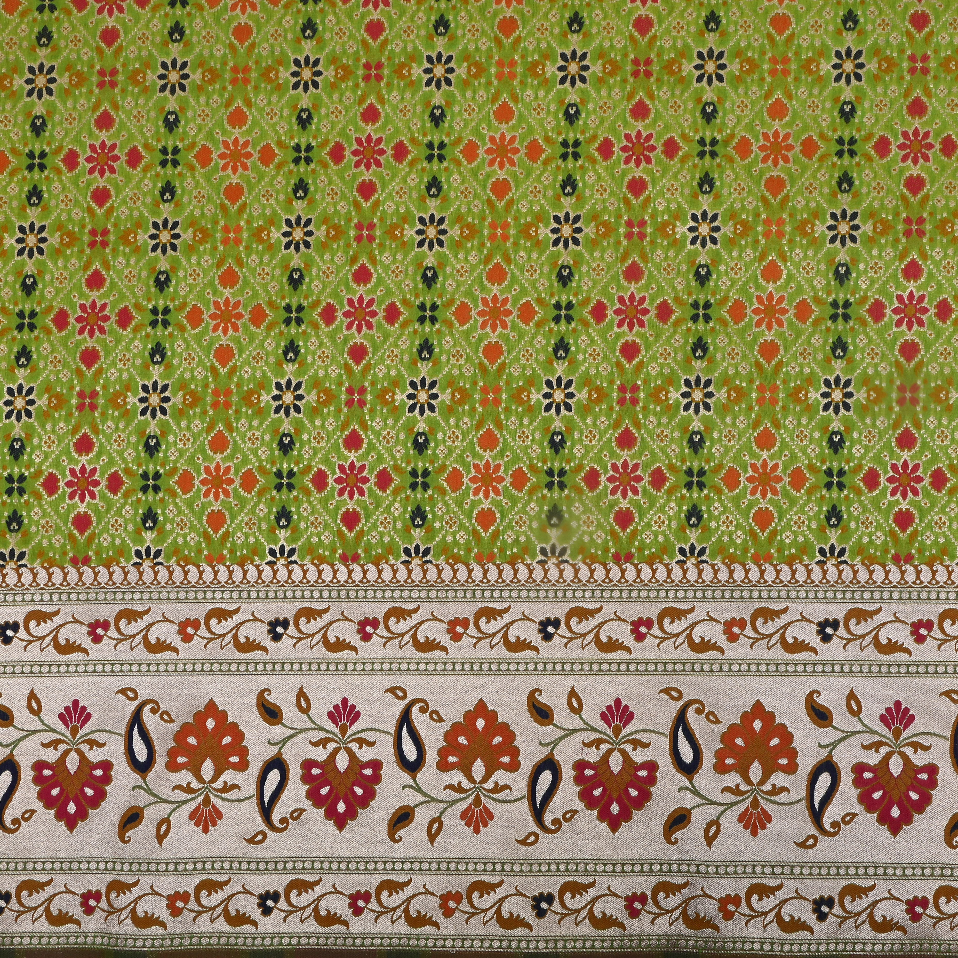 Parrot Green Paithani Woven Satin Fabric