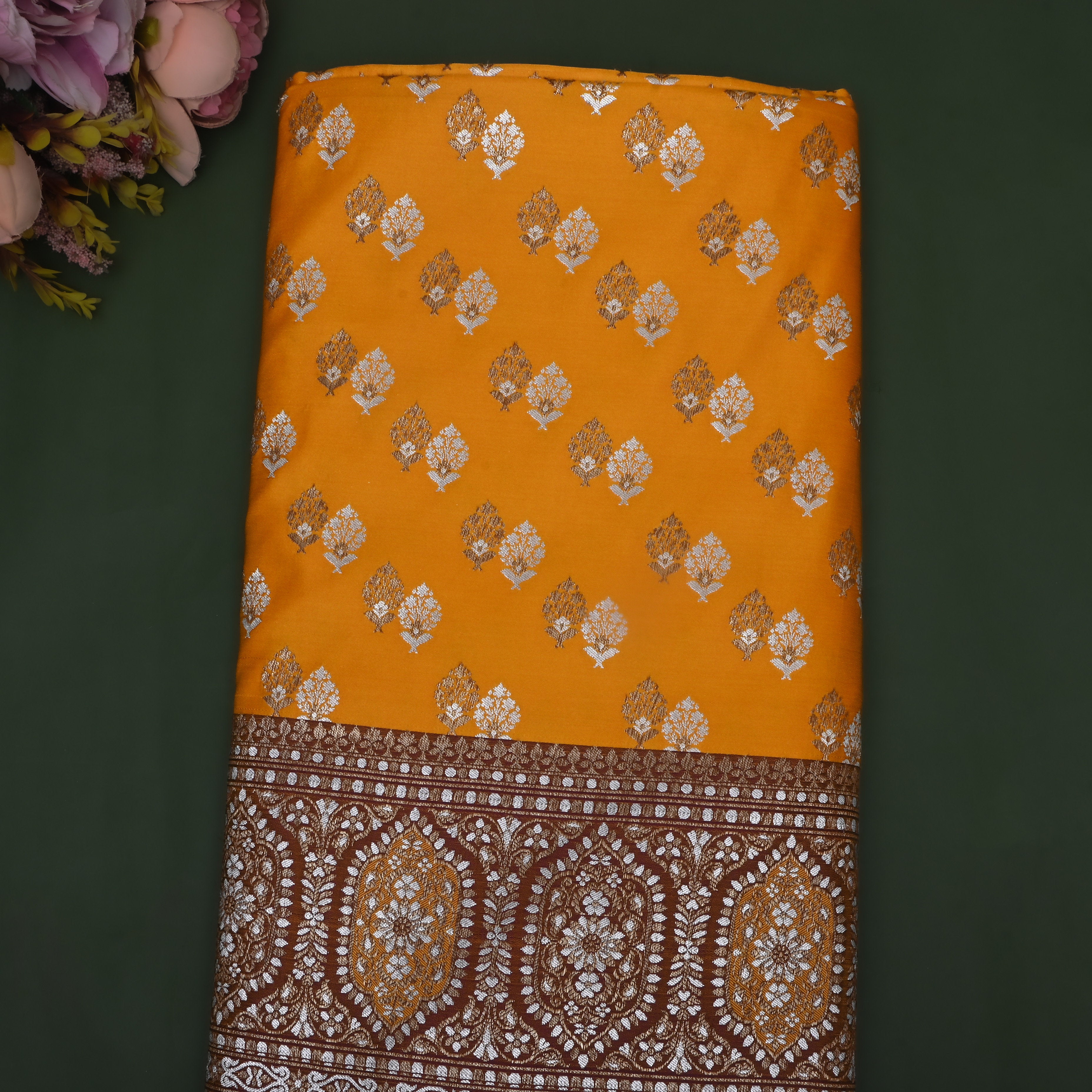 Mustard Orange Zari Woven Satin Fabric