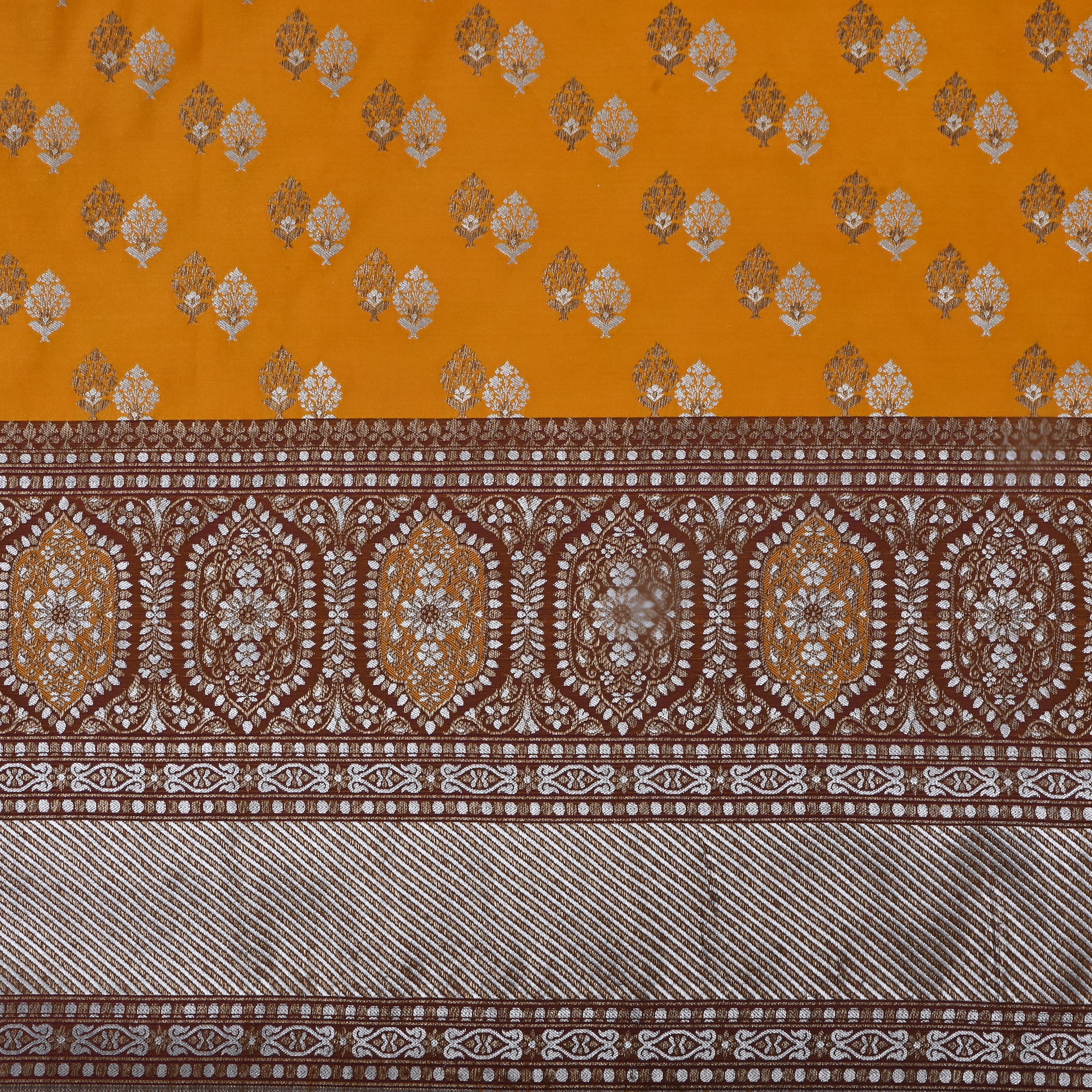 Mustard Orange Zari Woven Satin Fabric