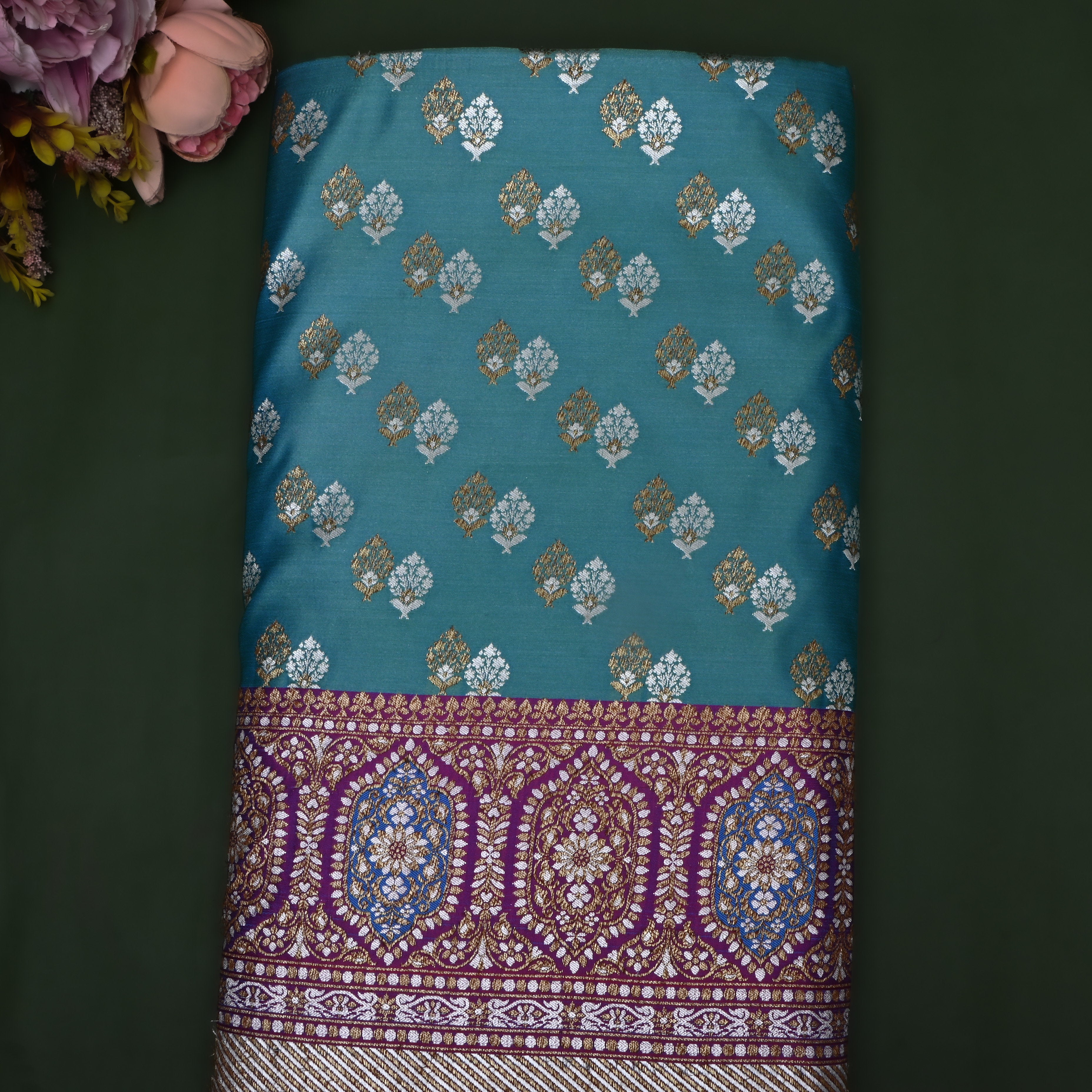 Turquoise Zari Woven Satin Fabric