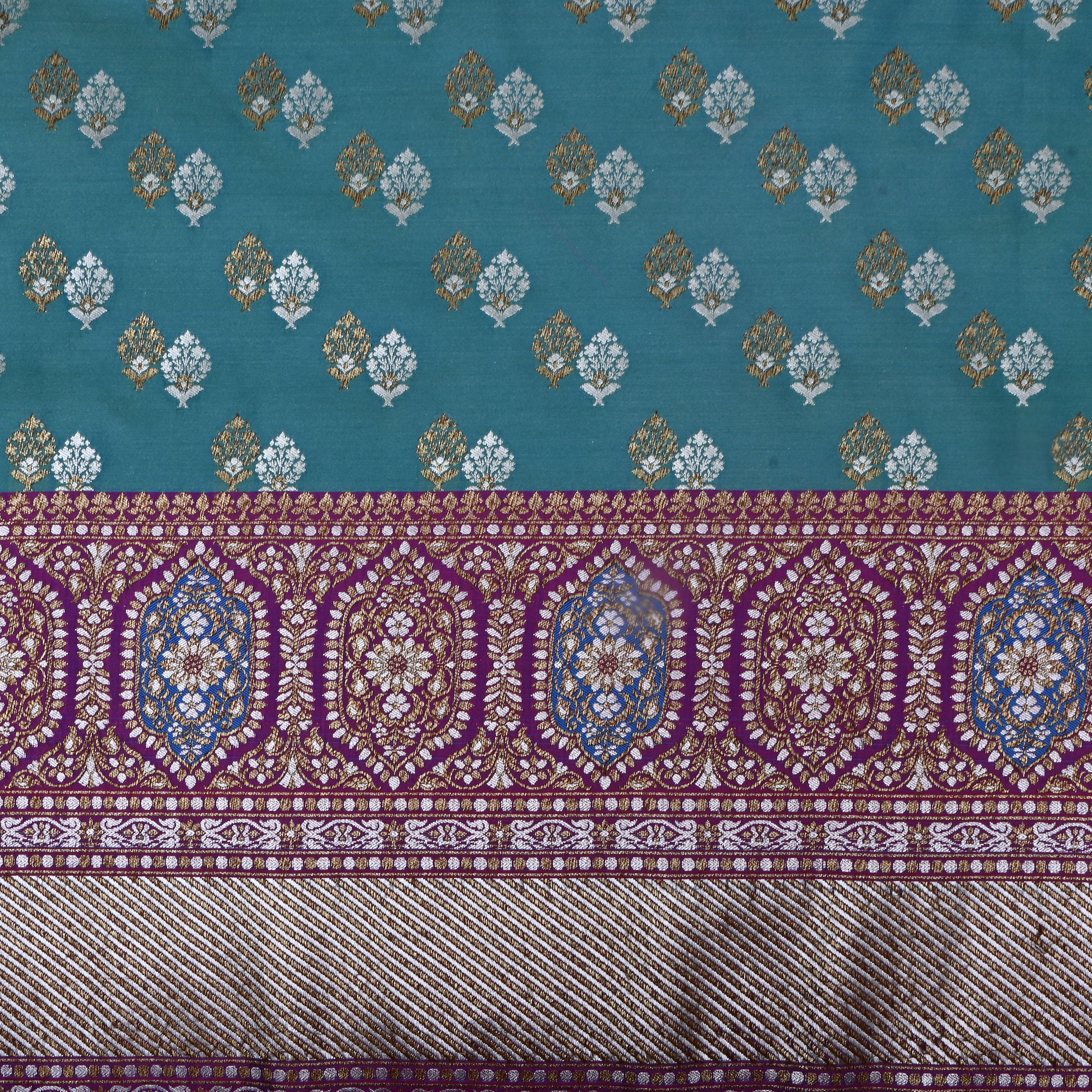 Turquoise Zari Woven Satin Fabric