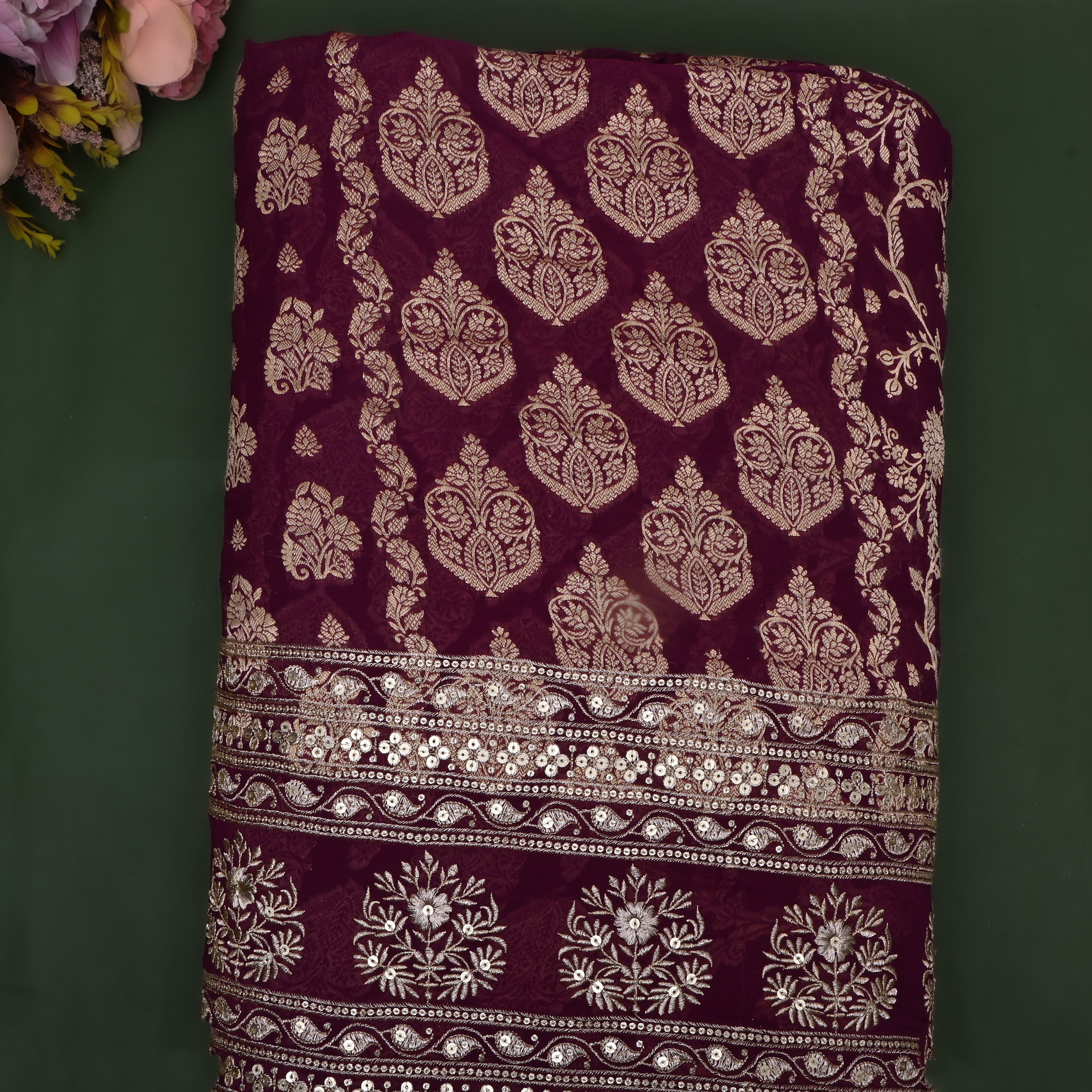 Plum Purple Floral Jamawar Organza Fabric