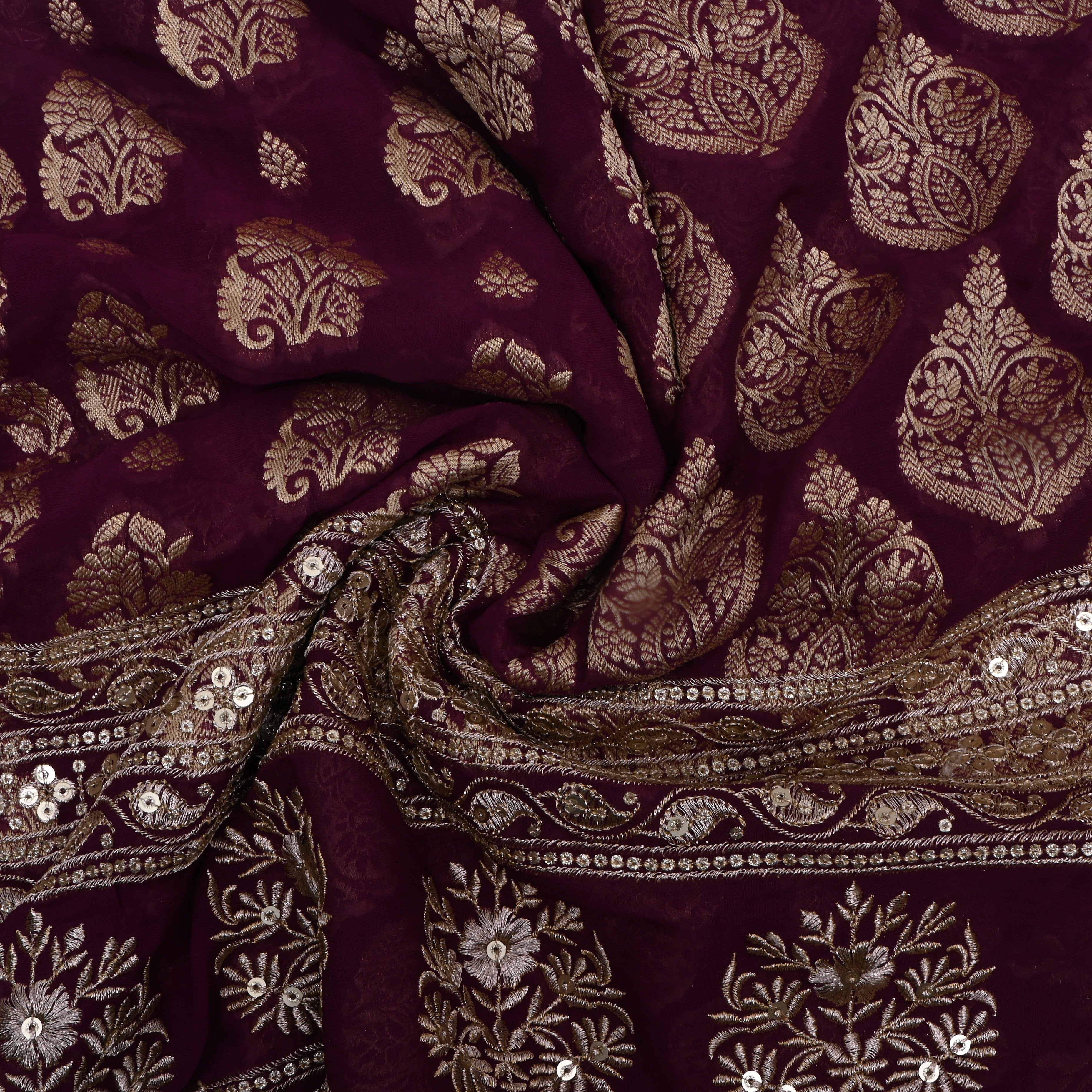 Plum Purple Floral Jamawar Organza Fabric