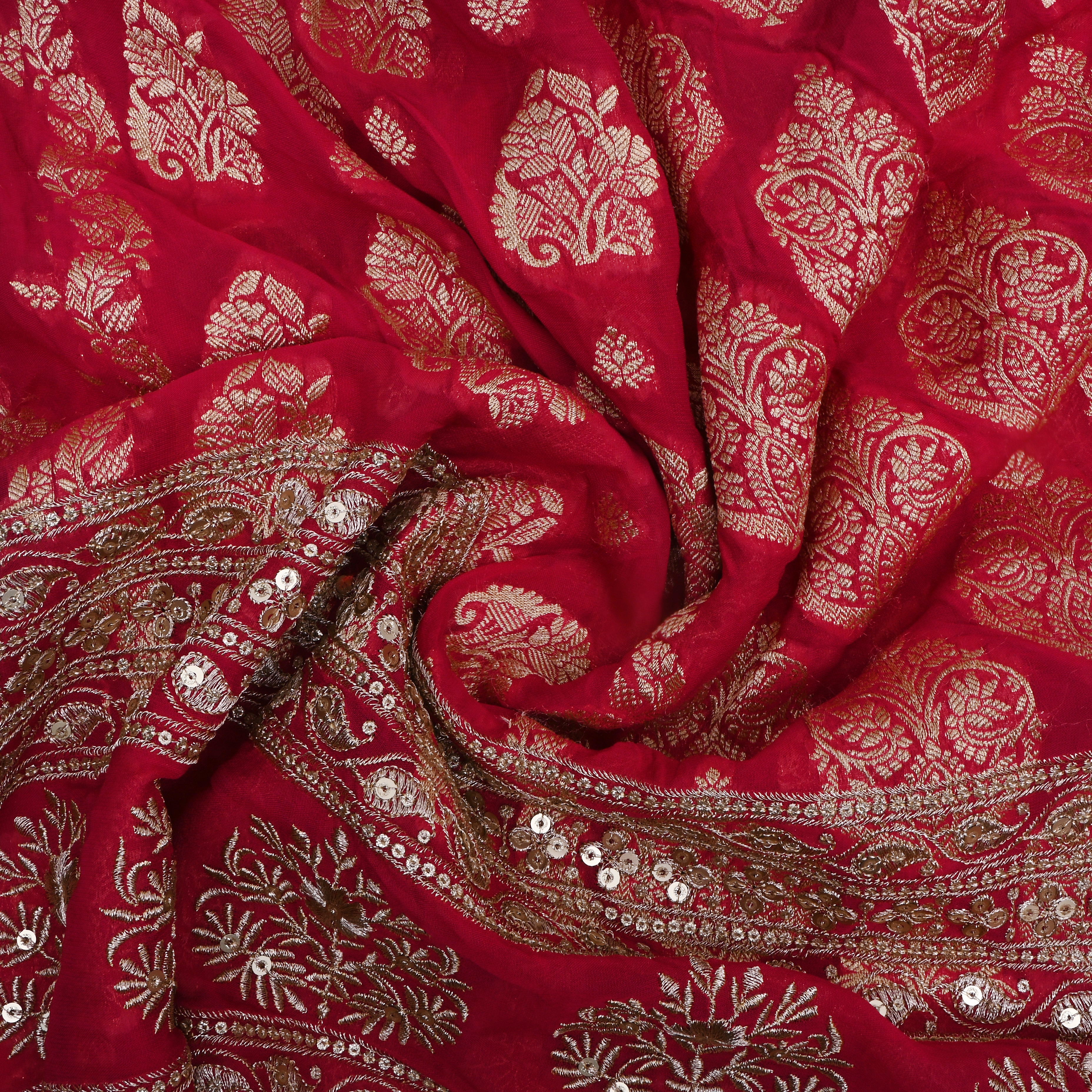 Reddish Pink Floral Jamawar Organza Fabric
