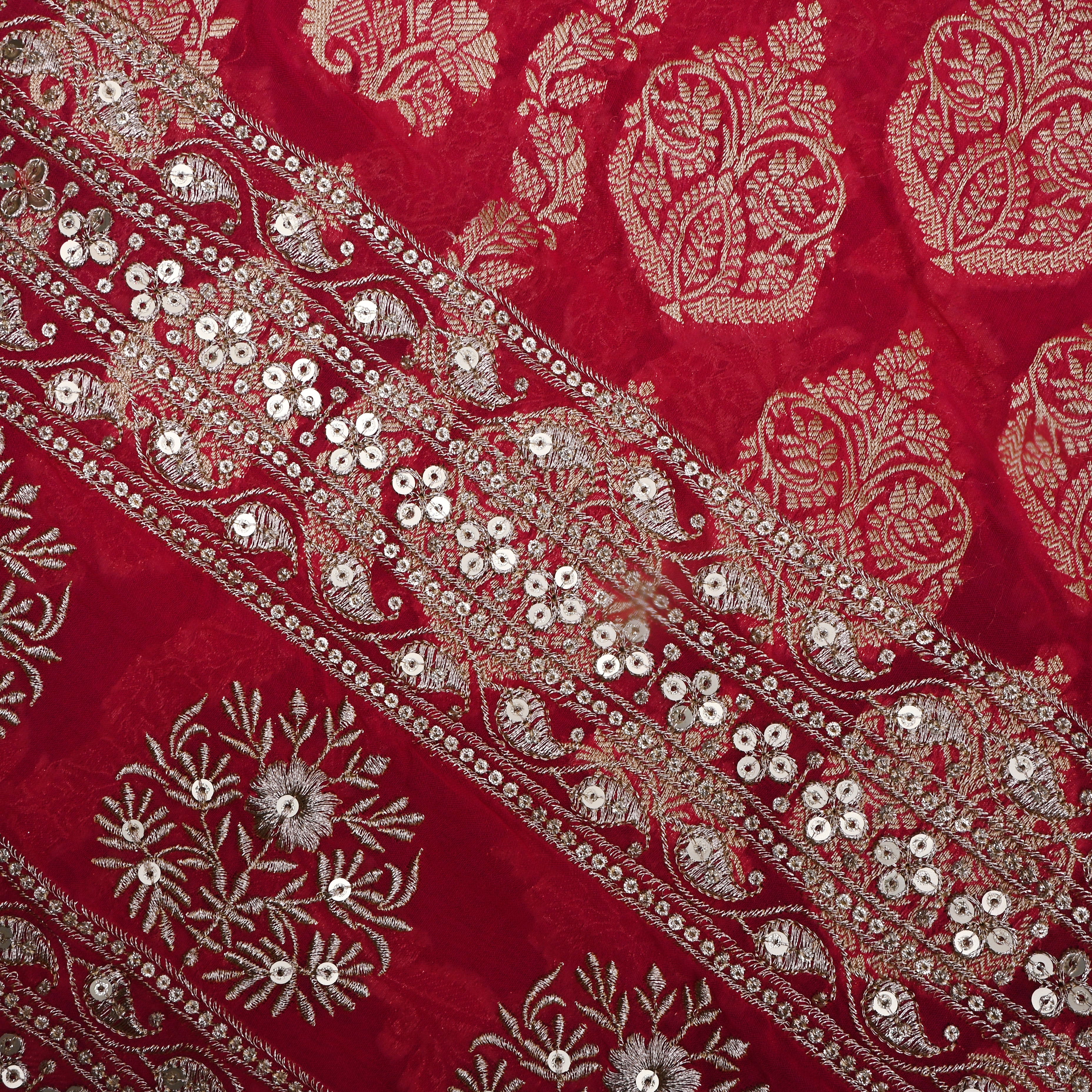 Reddish Pink Floral Jamawar Organza Fabric