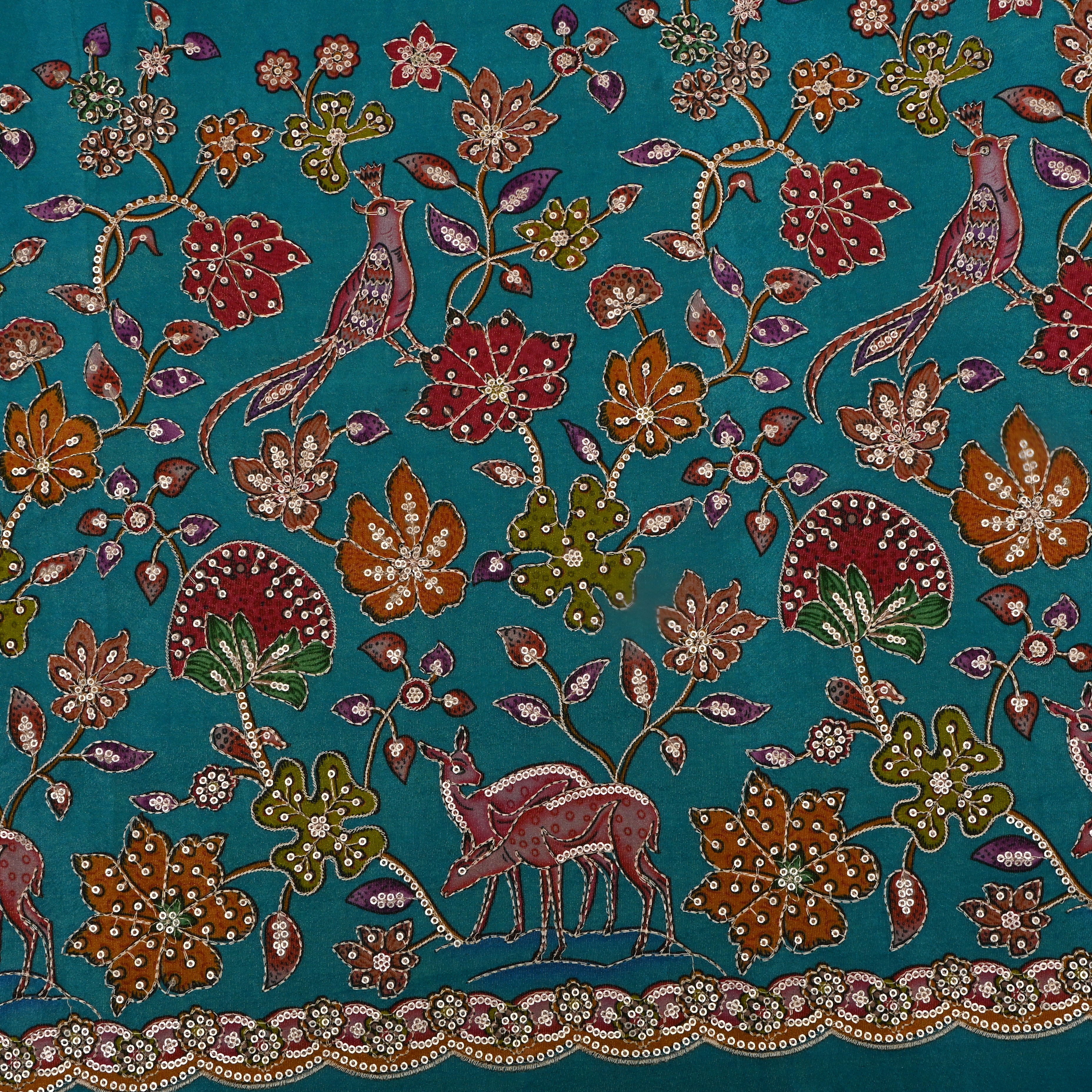 Turquoise Pichwai Print Tissue Fabric