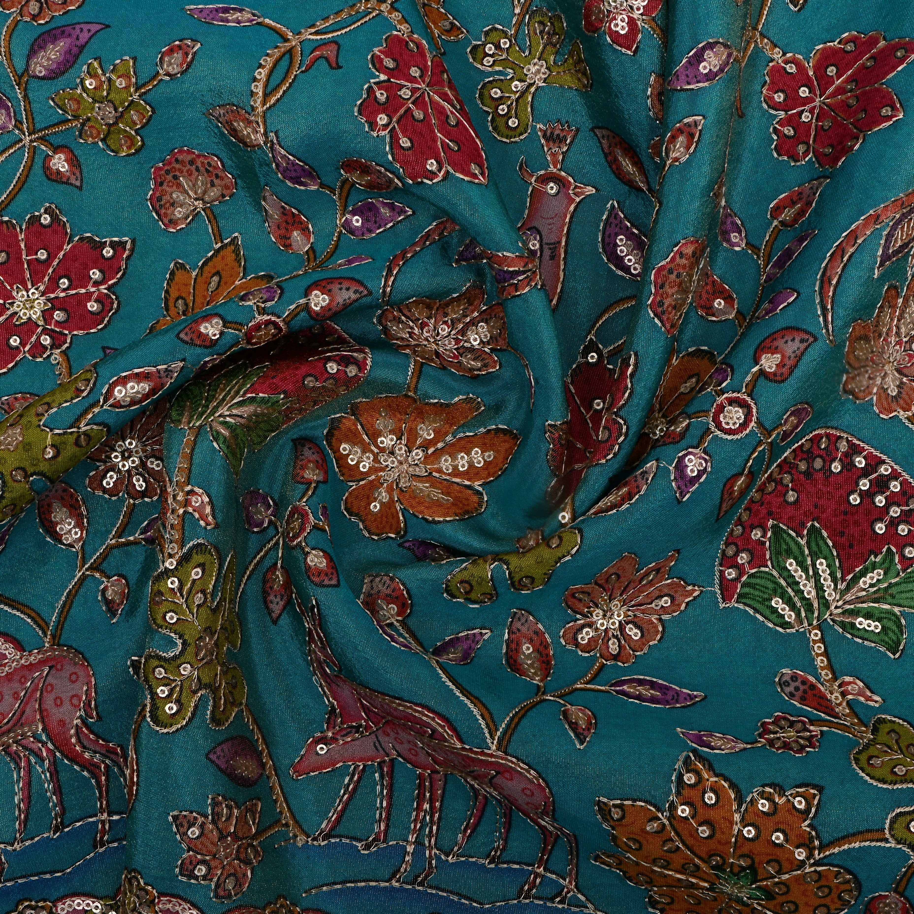 Turquoise Pichwai Print Tissue Fabric