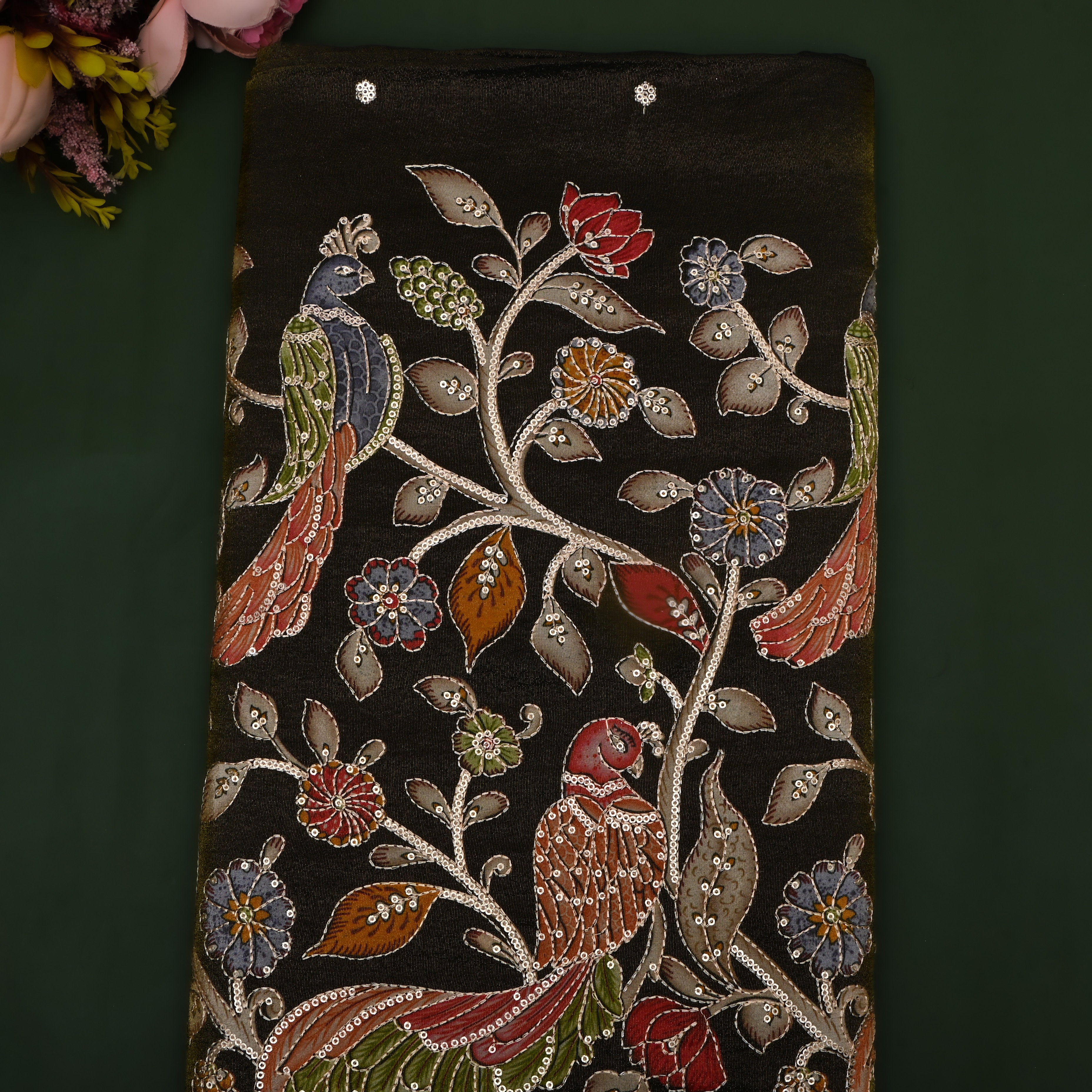 Muddy Black Kalamkari Tissue Fabric