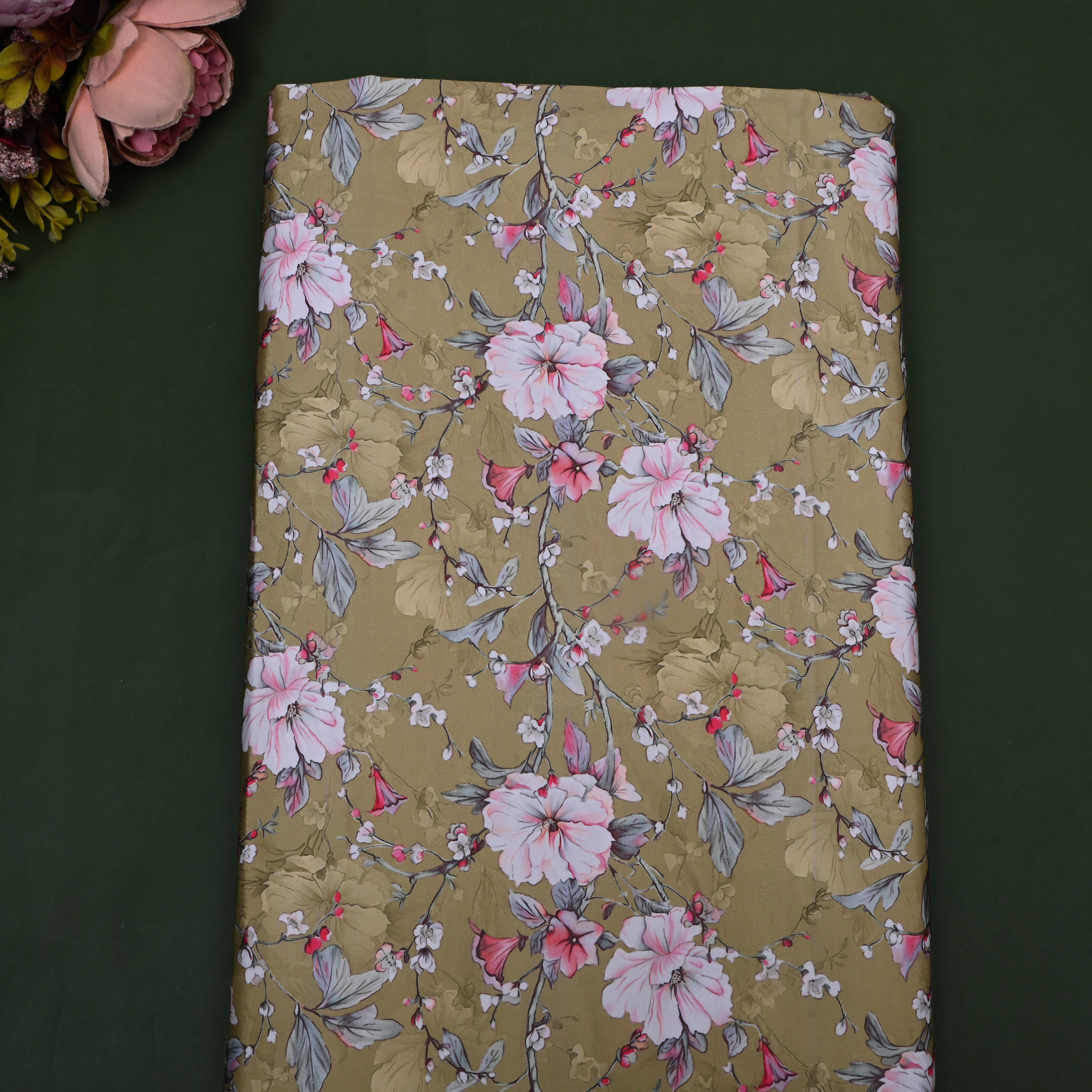 Dusty Green Floral Printed Silk Fabric