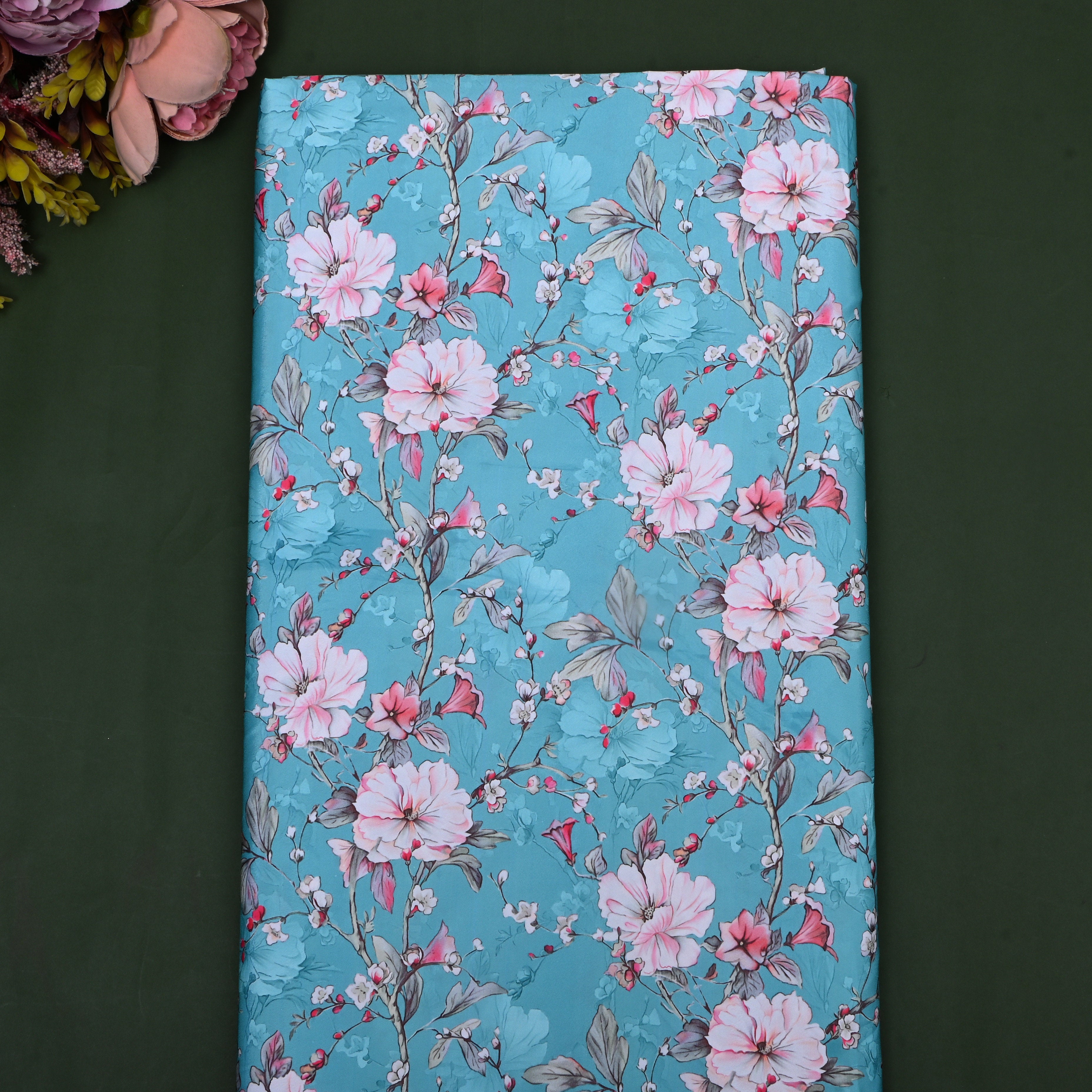 Light Sea Blue Floral Printed Silk Fabric
