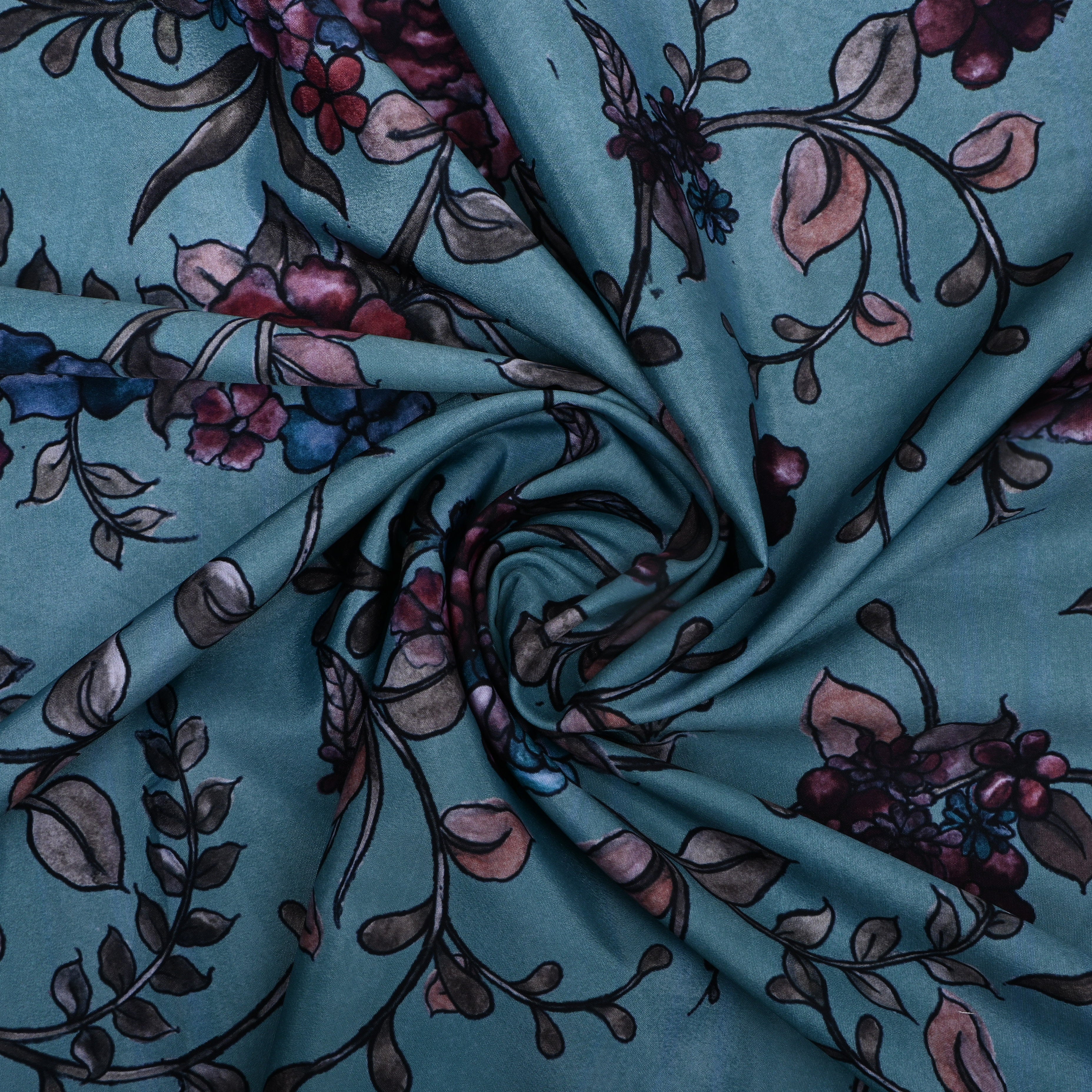 Turquoise Blue Floral Printed Silk Fabric
