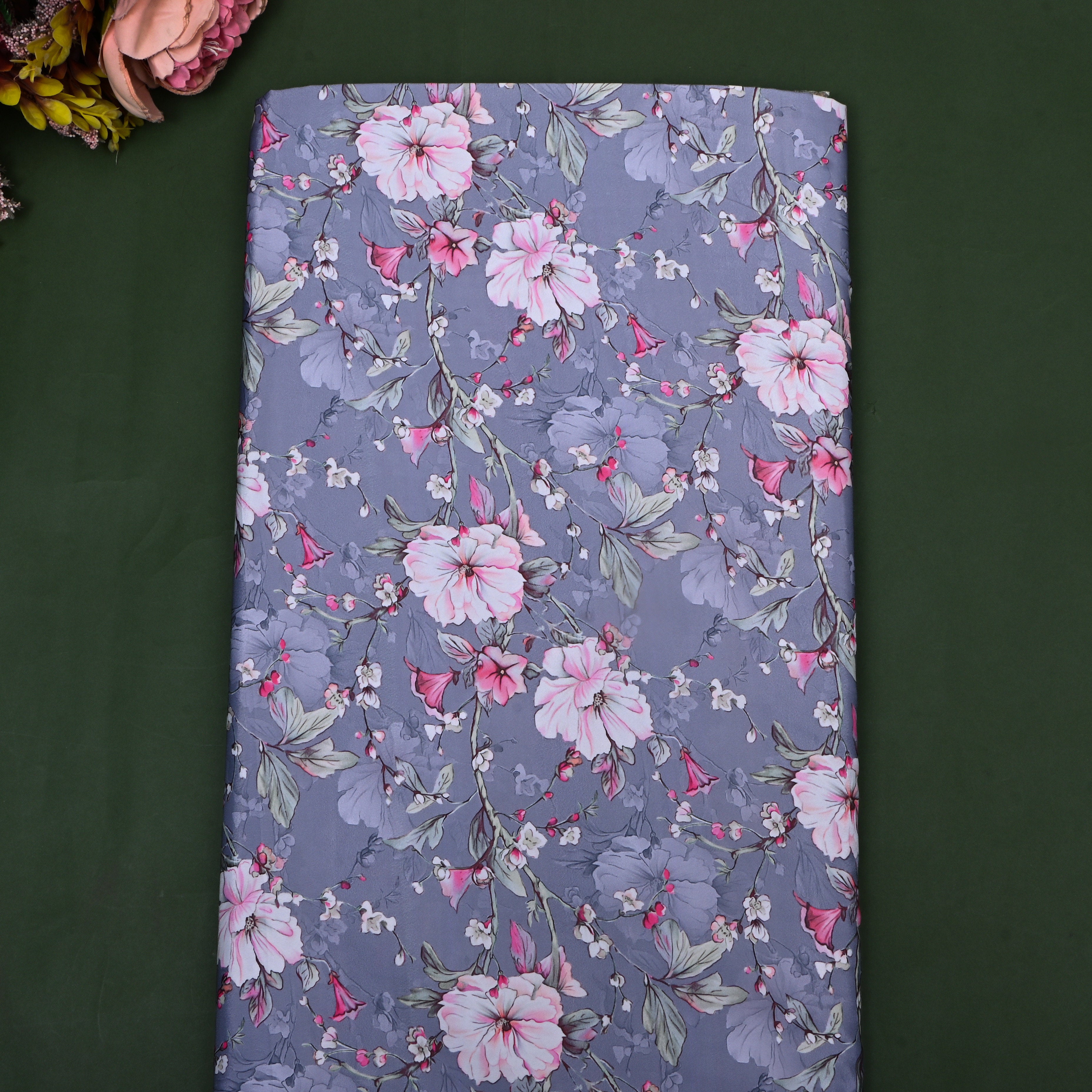 Grey Floral Printed Silk Fabric