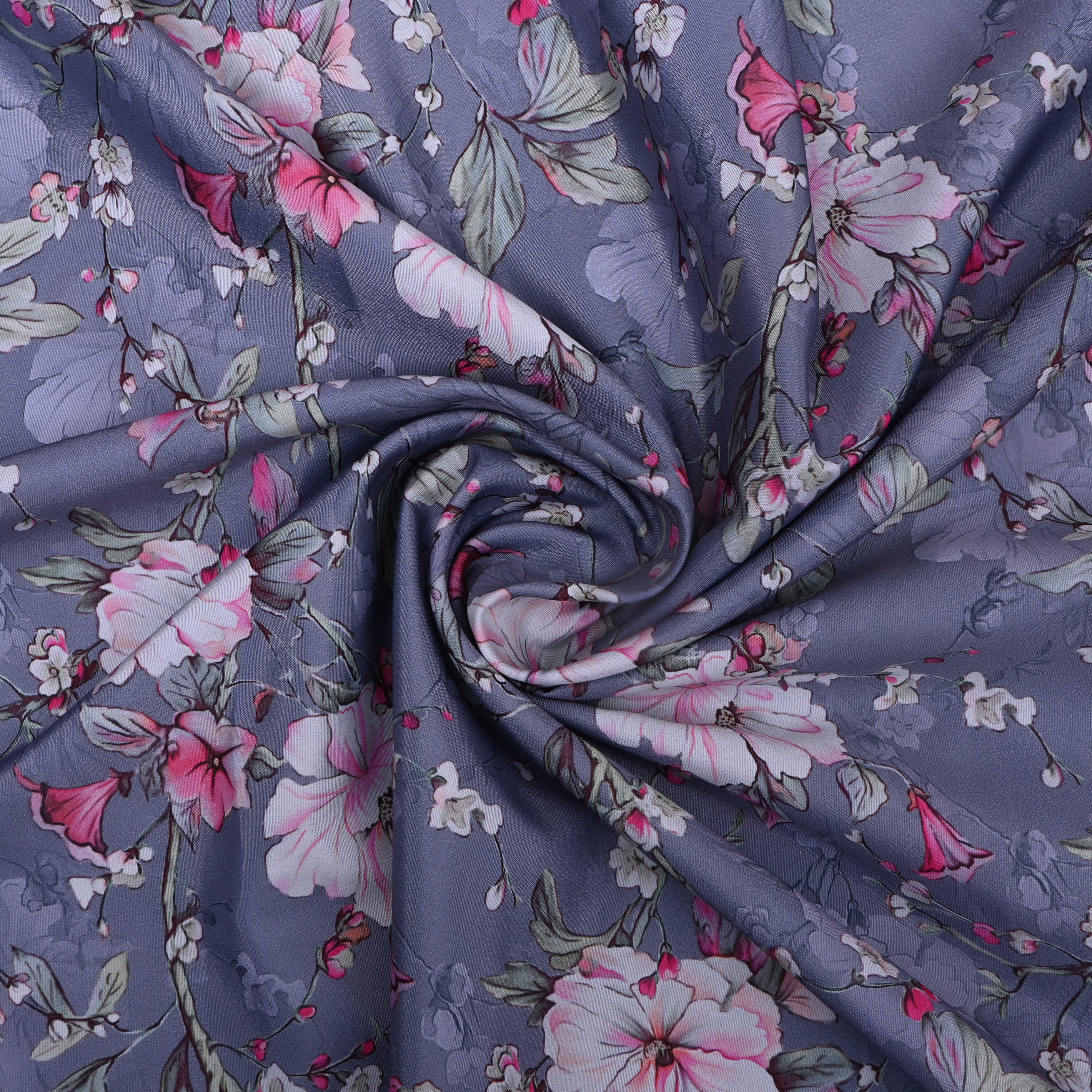 Grey Floral Printed Silk Fabric