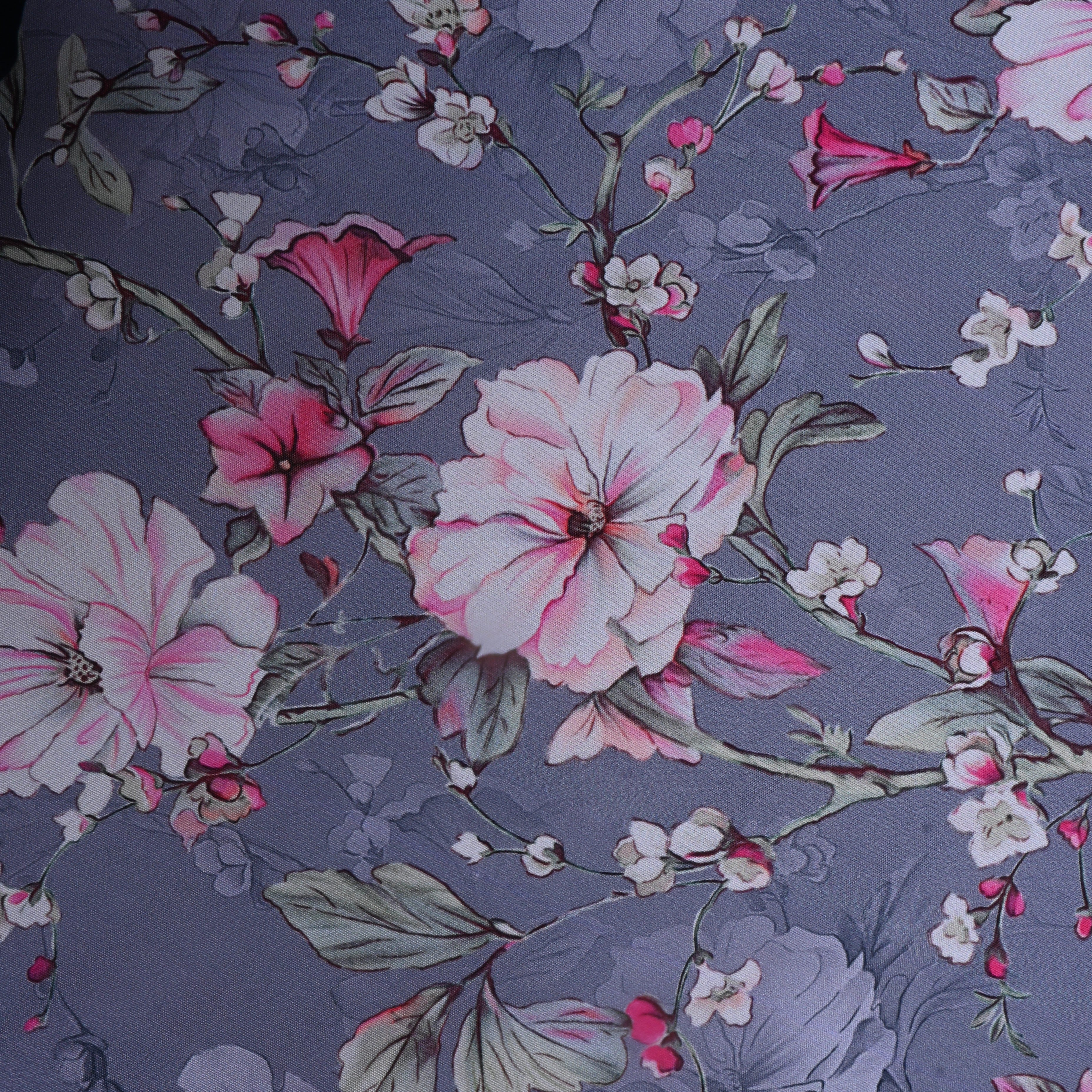 Grey Floral Printed Silk Fabric