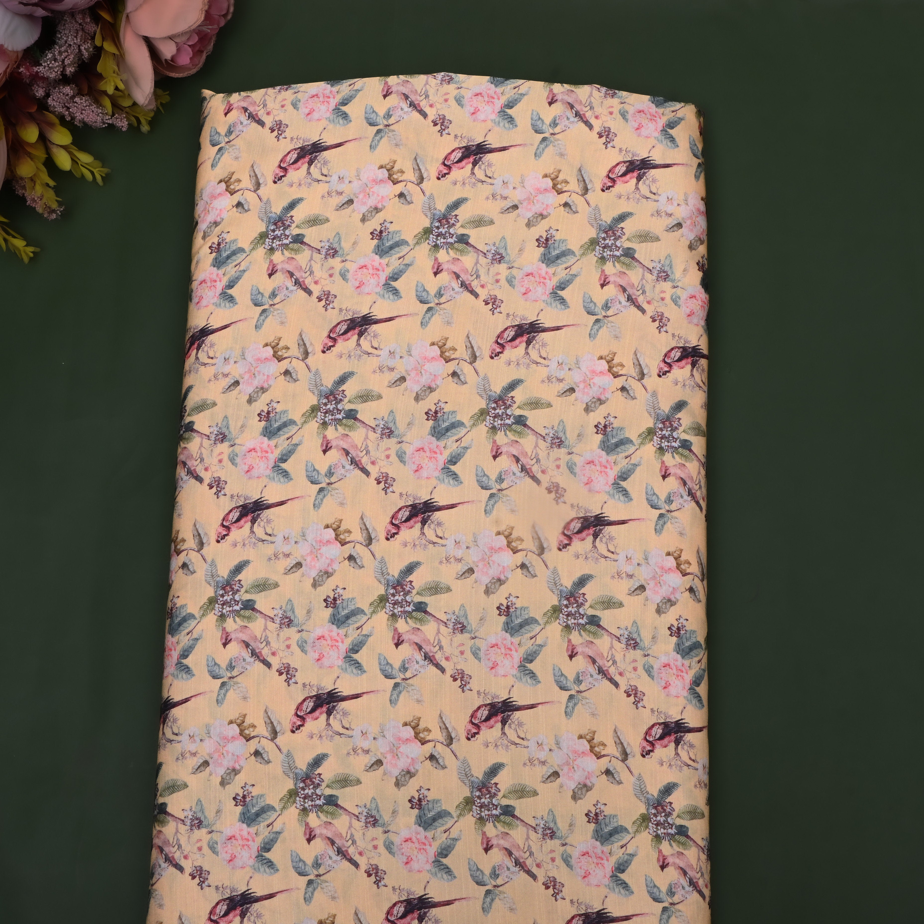 Pastel Yellow Floral Printed Silk Fabric