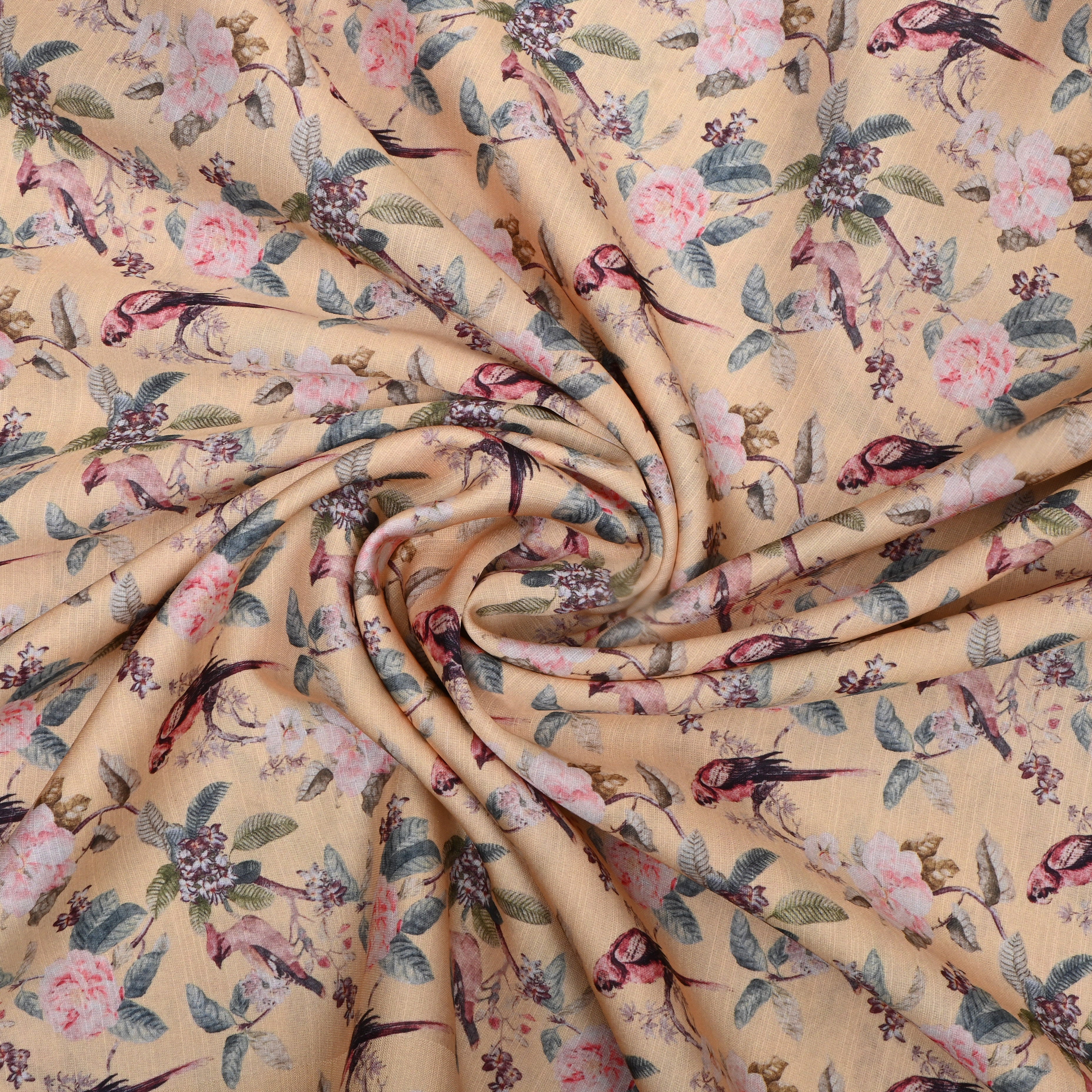 Pastel Yellow Floral Printed Silk Fabric