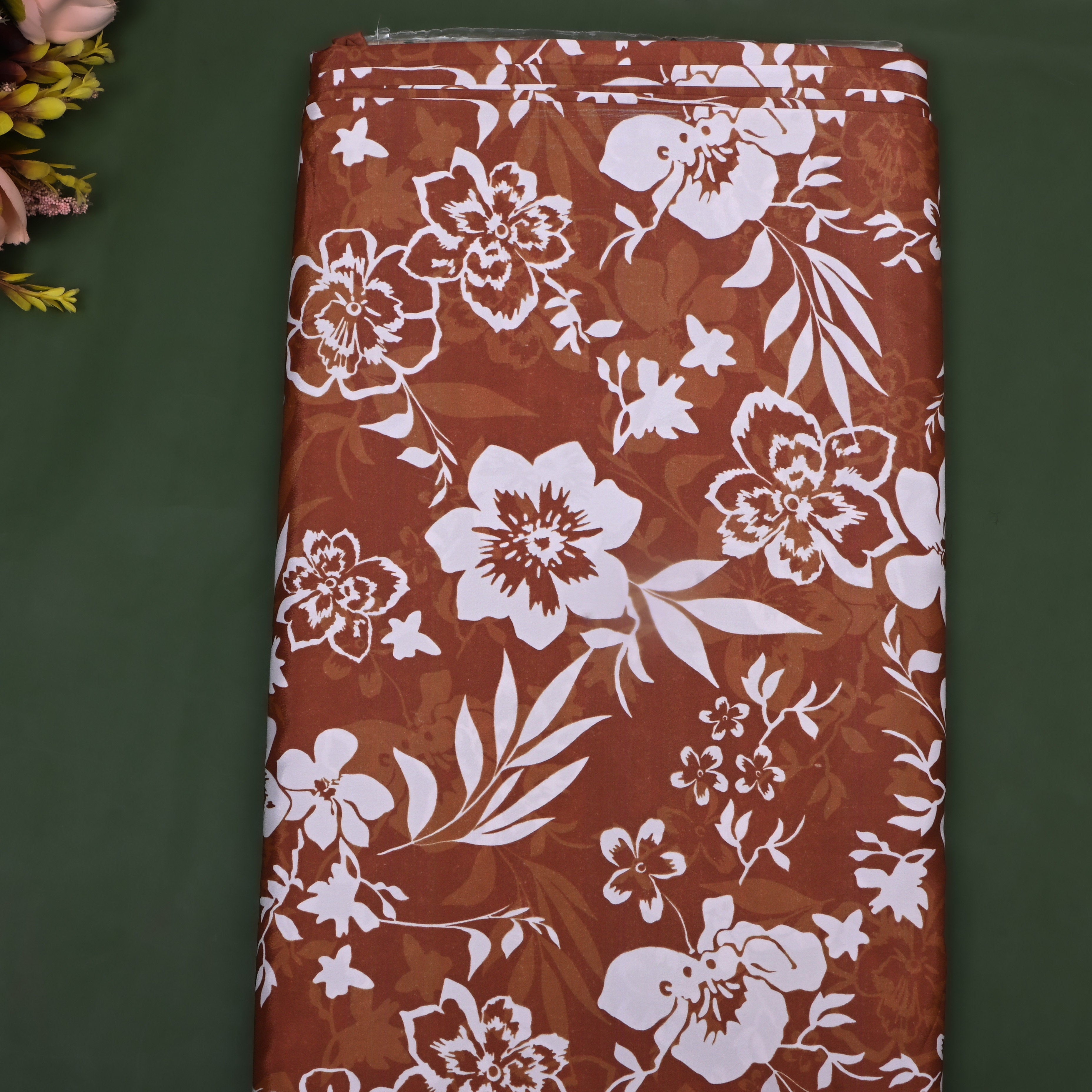 Brown Floral Printed Silk Fabric