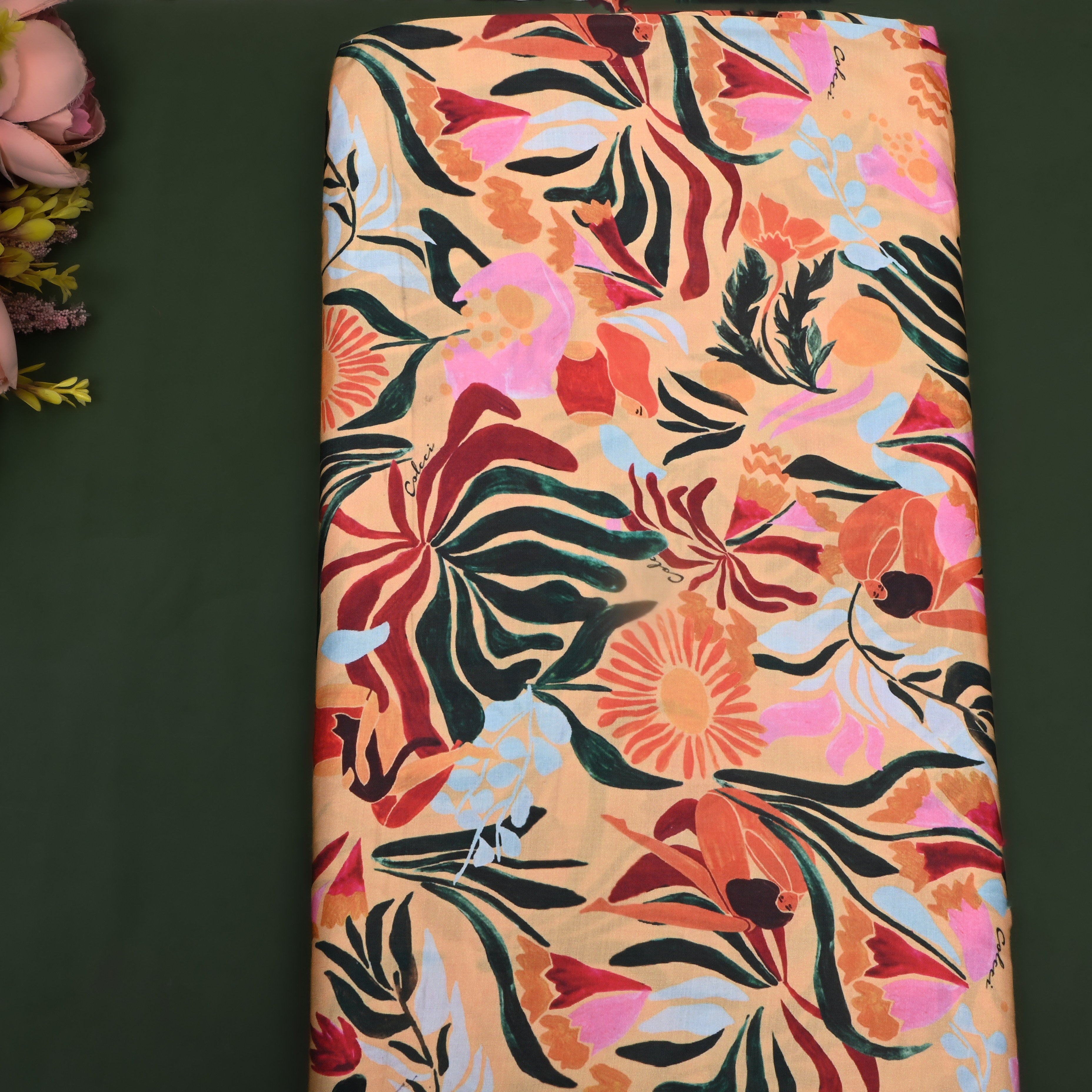 Yellow Multicolour Floral Printed Silk Fabric