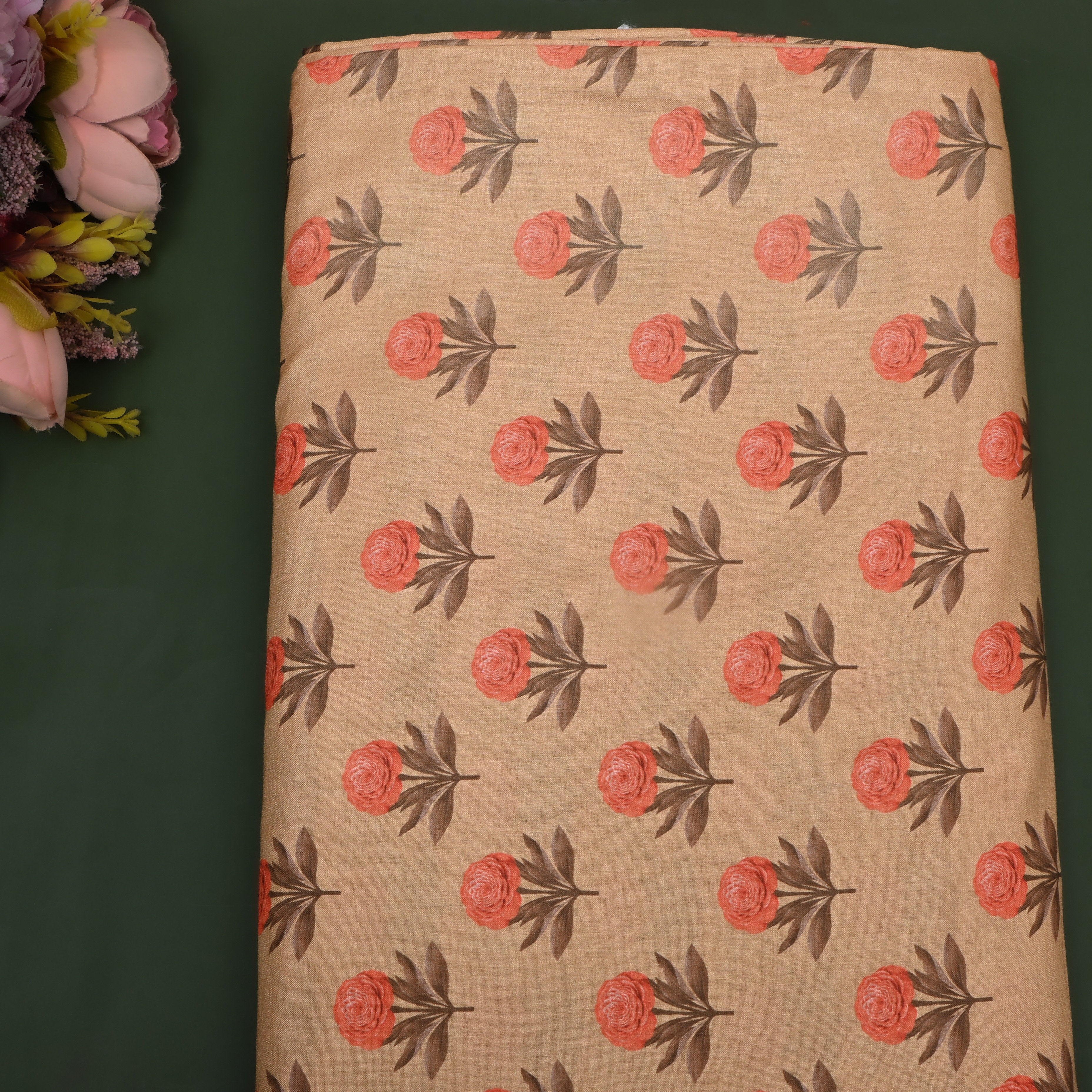 Pastel Brown Digital Floral Printed Tussar Fabric
