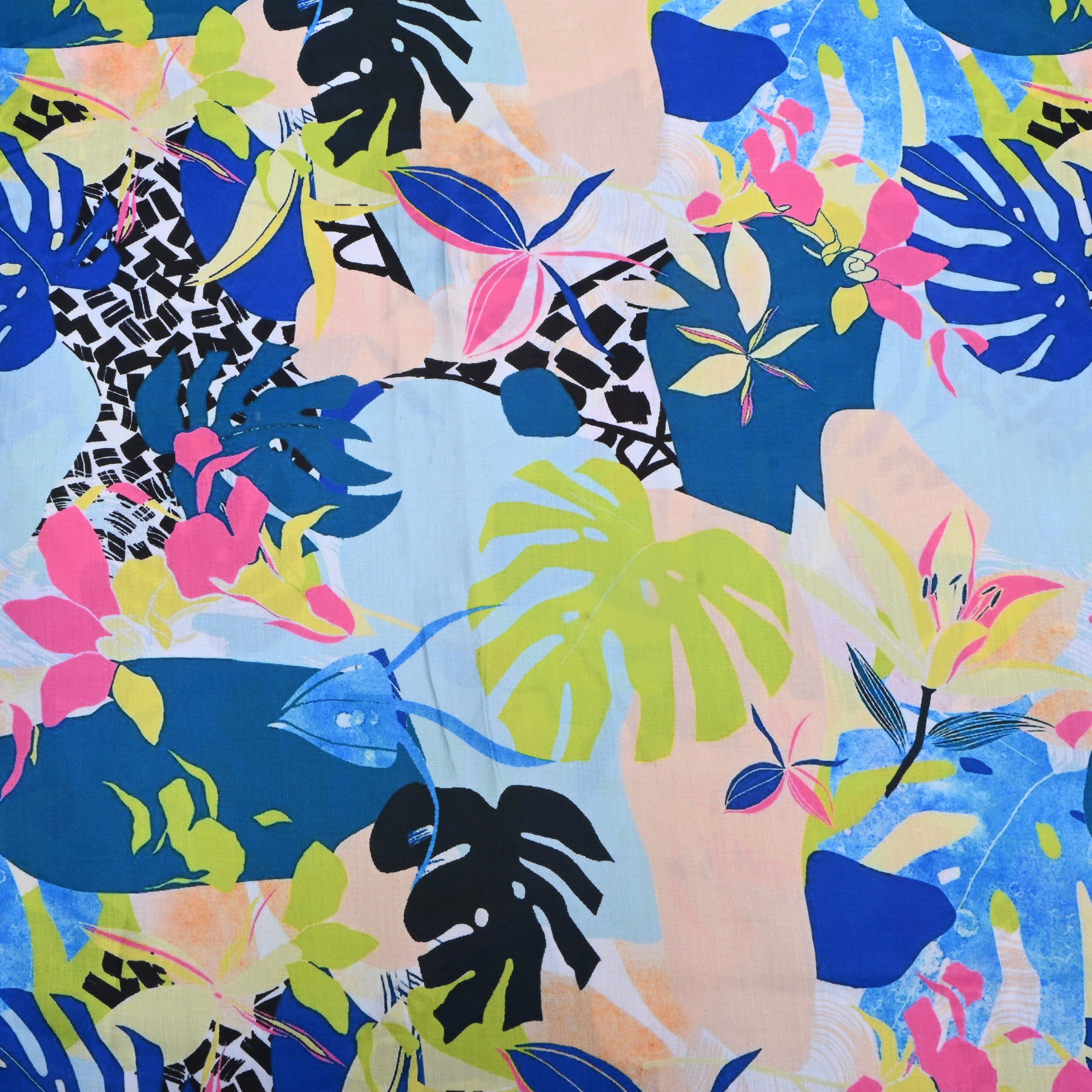 Blue Multicolour Floral Printed Silk Fabric