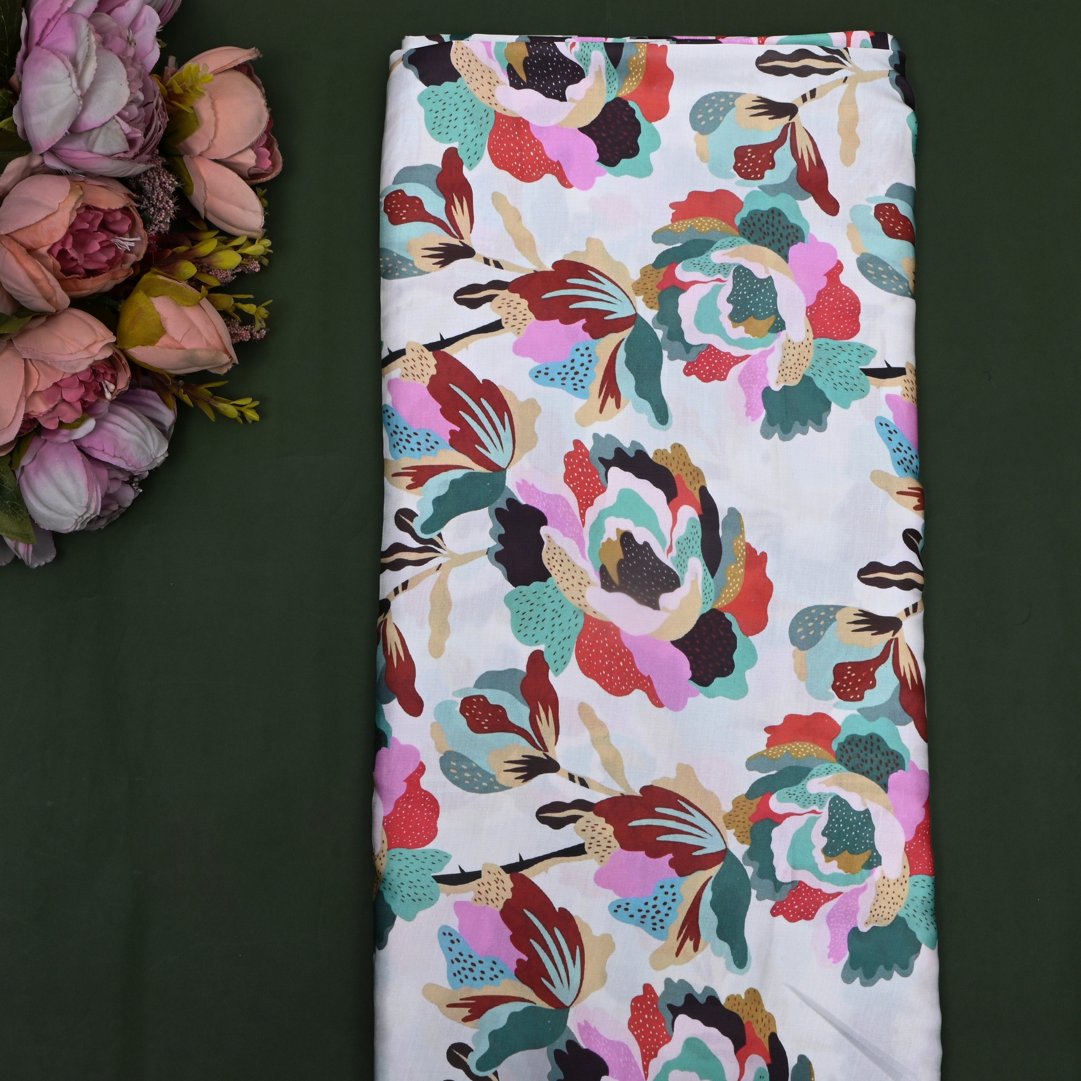 Off-White Floral Printed Silk Fabric