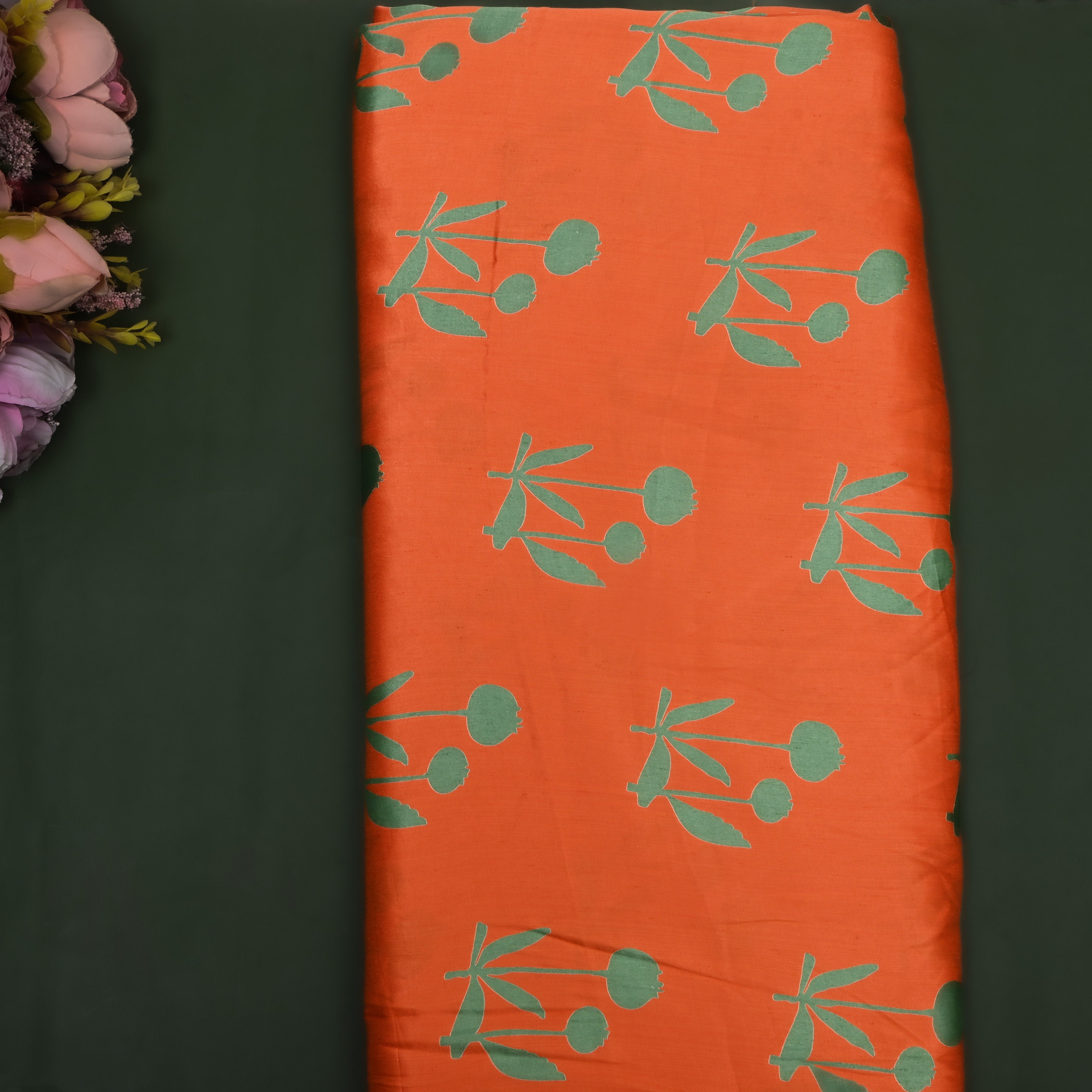 Deep Orange Floral Printed Satin Fabric