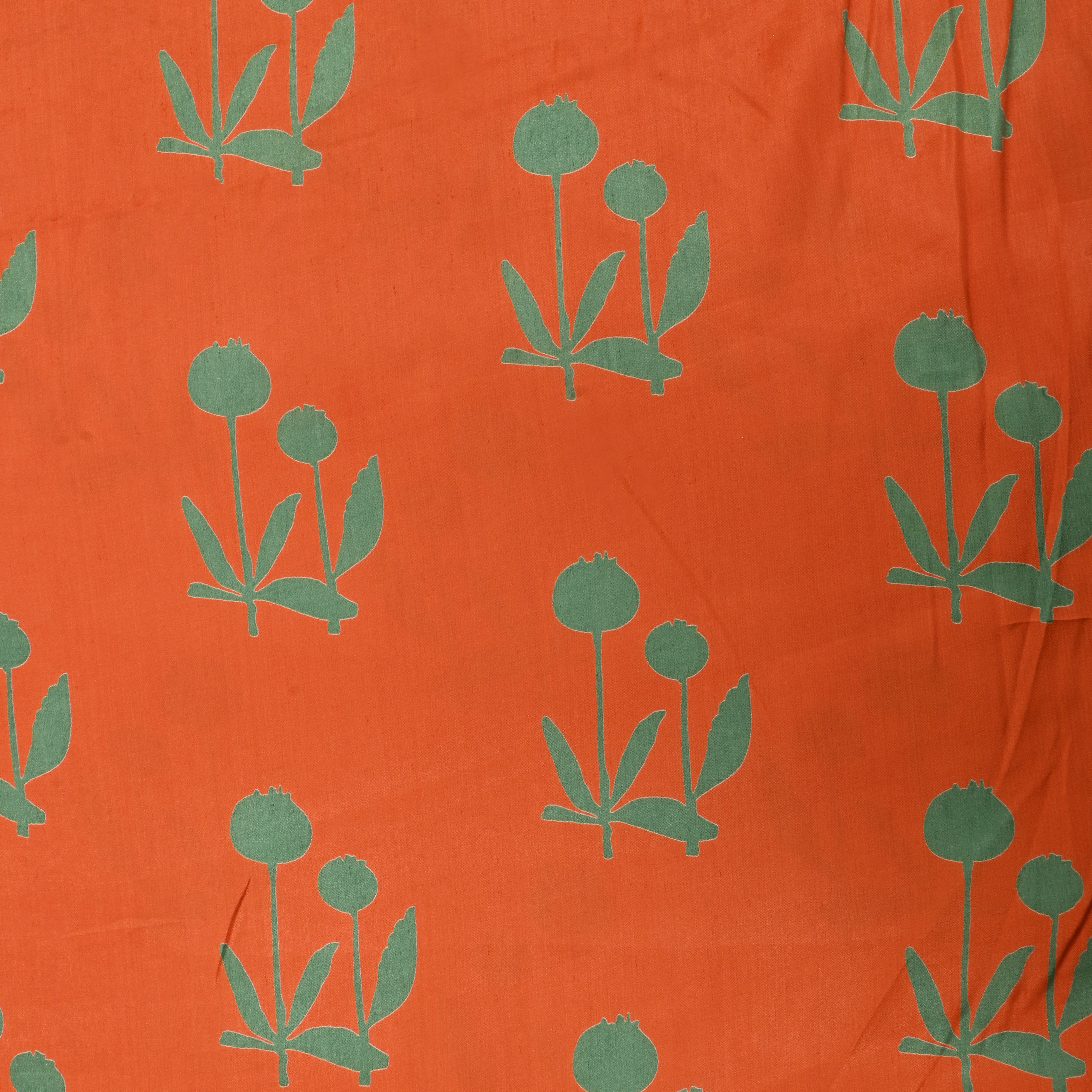 Deep Orange Floral Printed Satin Fabric