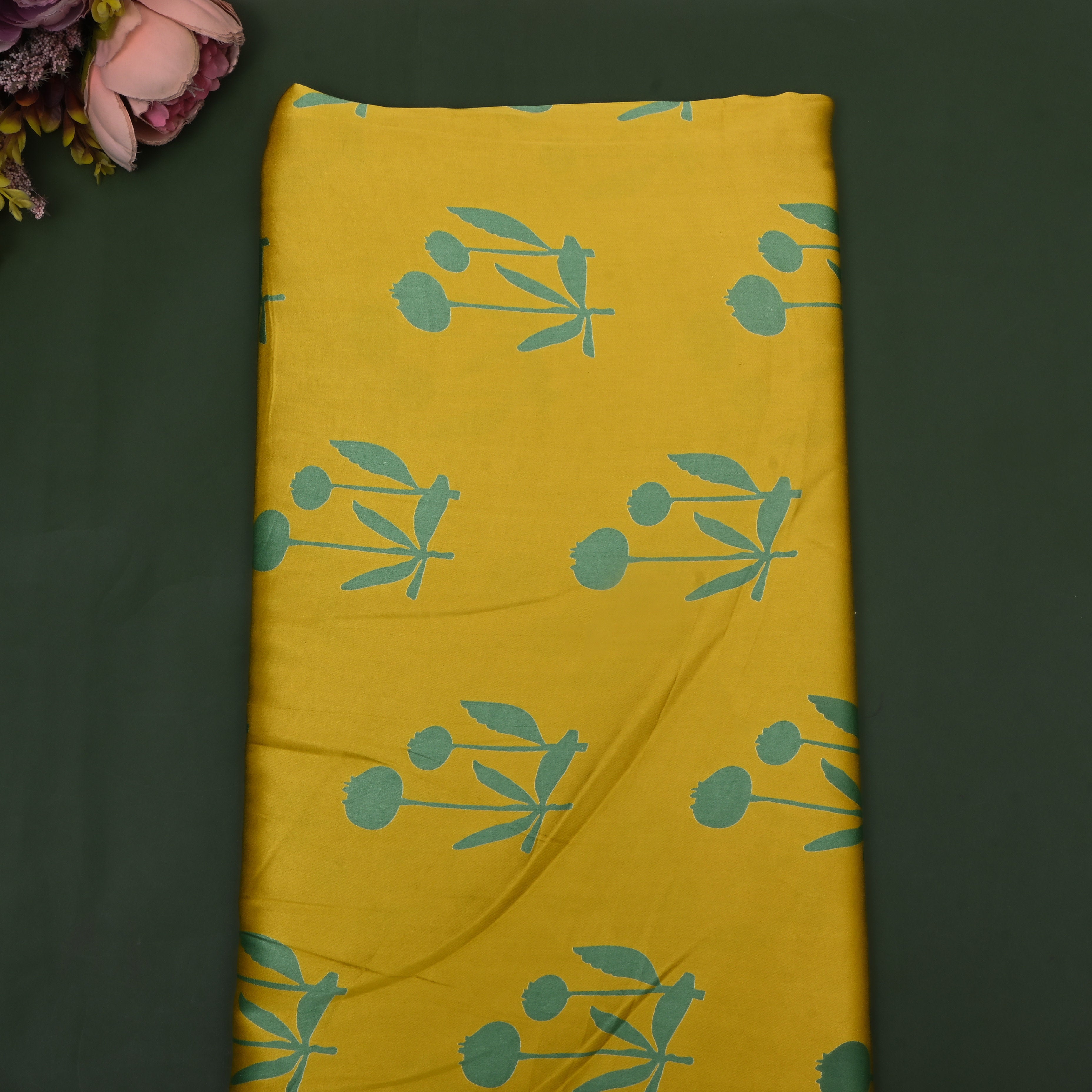Vibrant Yellow Floral Printed Satin Fabric