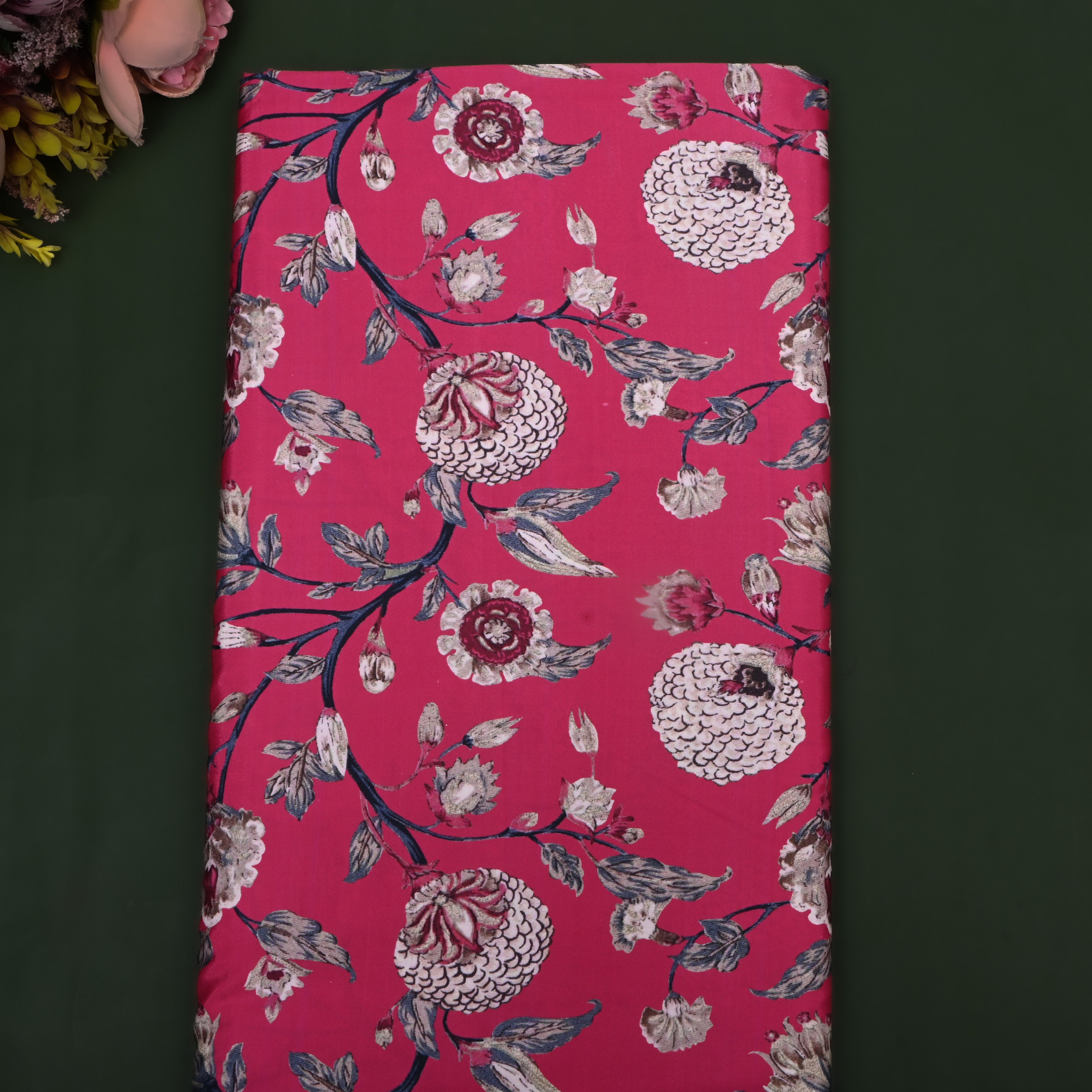 Deep Carnation Pink Floral Printed Silk Fabric