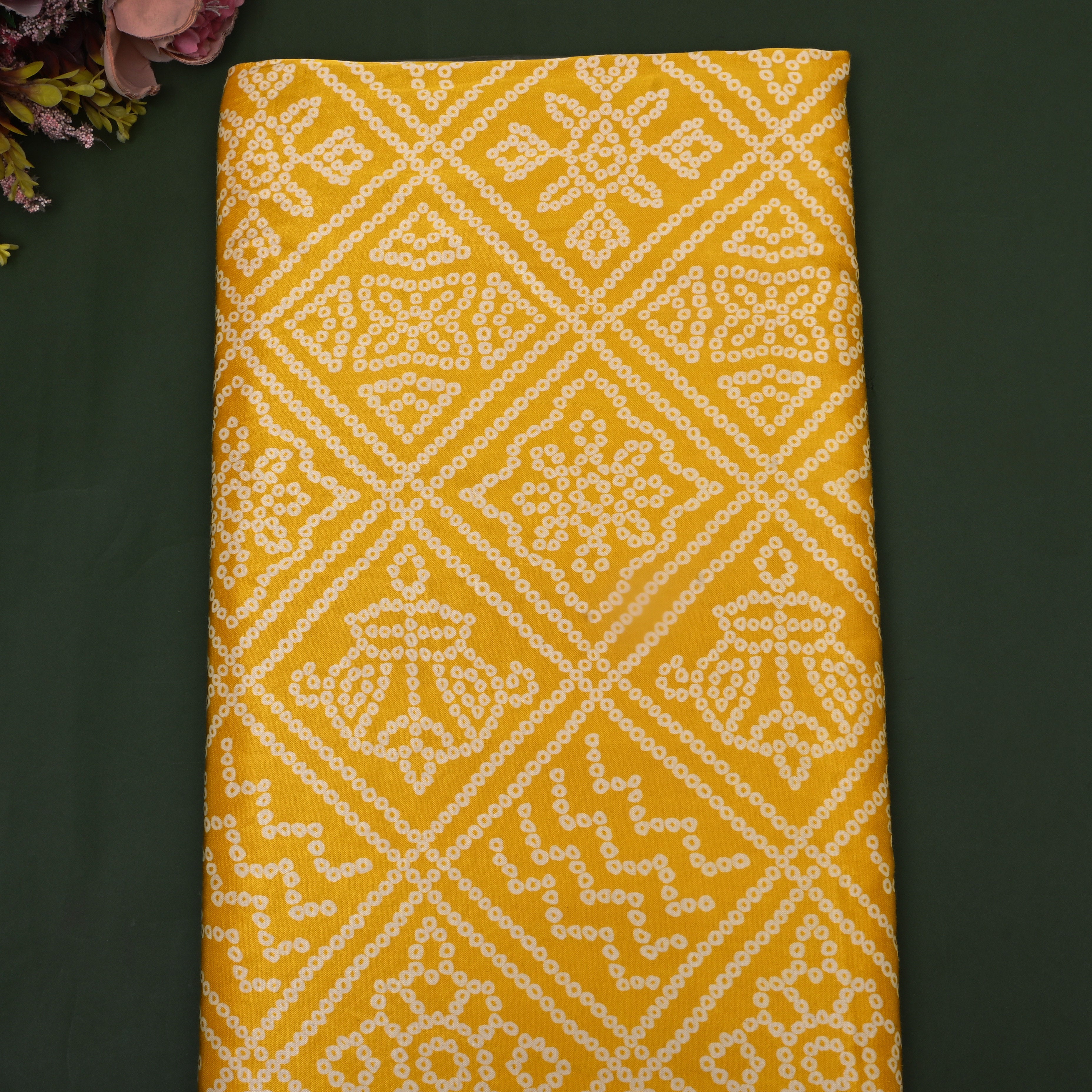 Yellow Bandhani Print On Satin Fabric