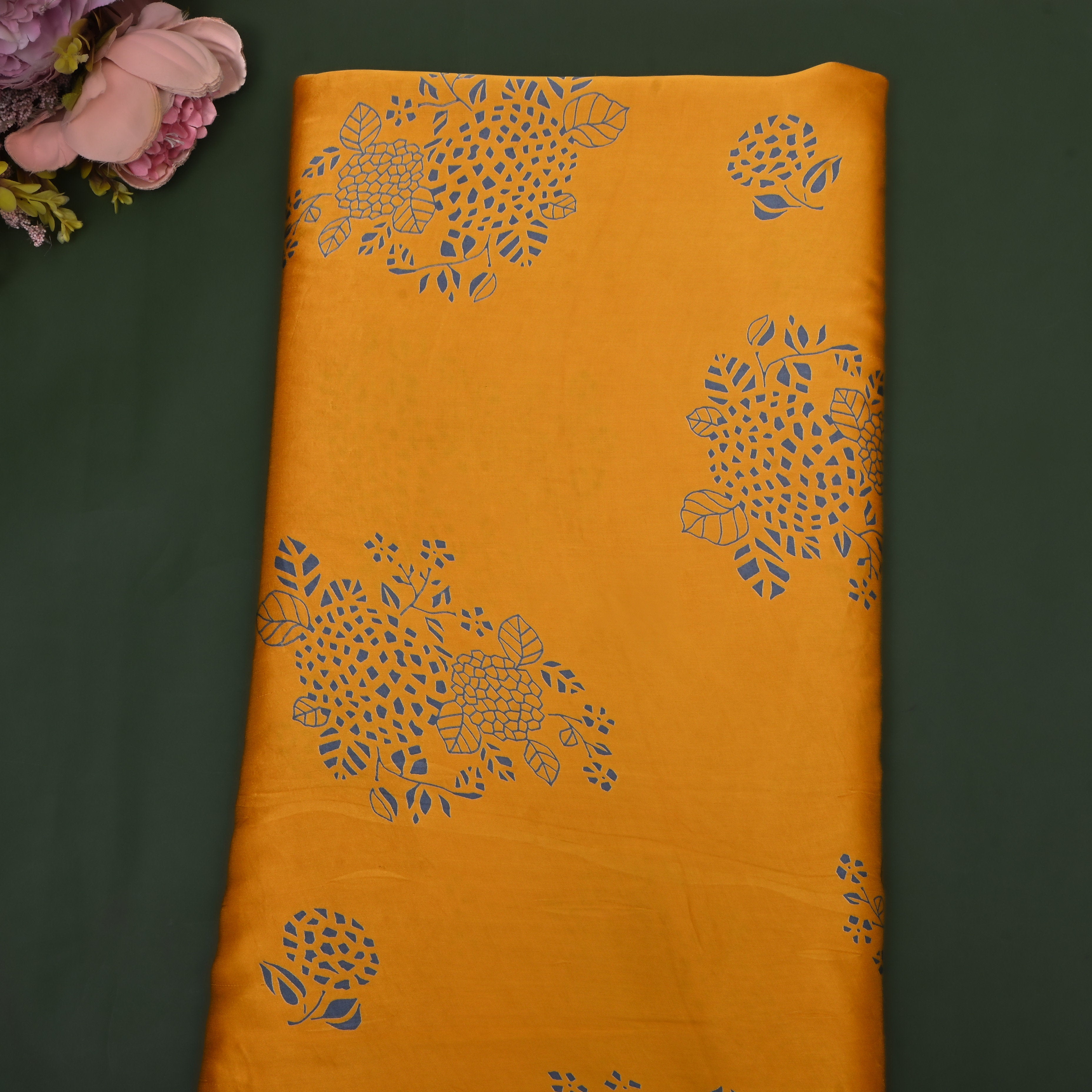 Turmeric Yellow Floral Print Satin Fabric