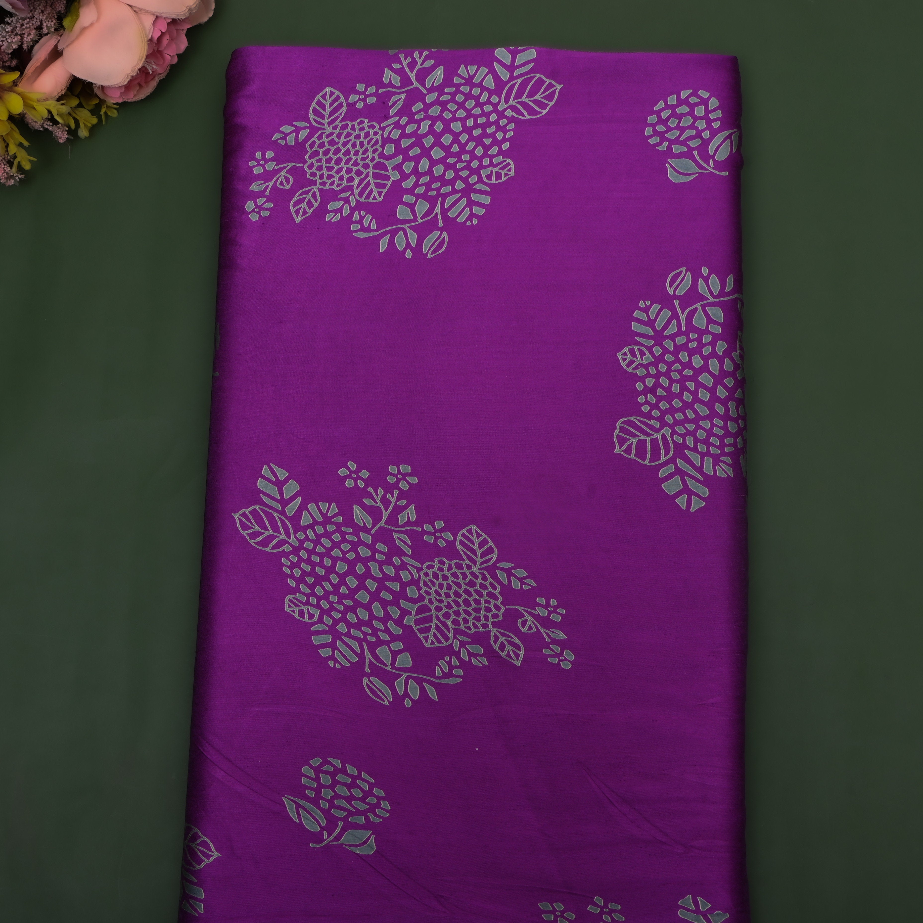 Purple Floral Printed Satin Fabric