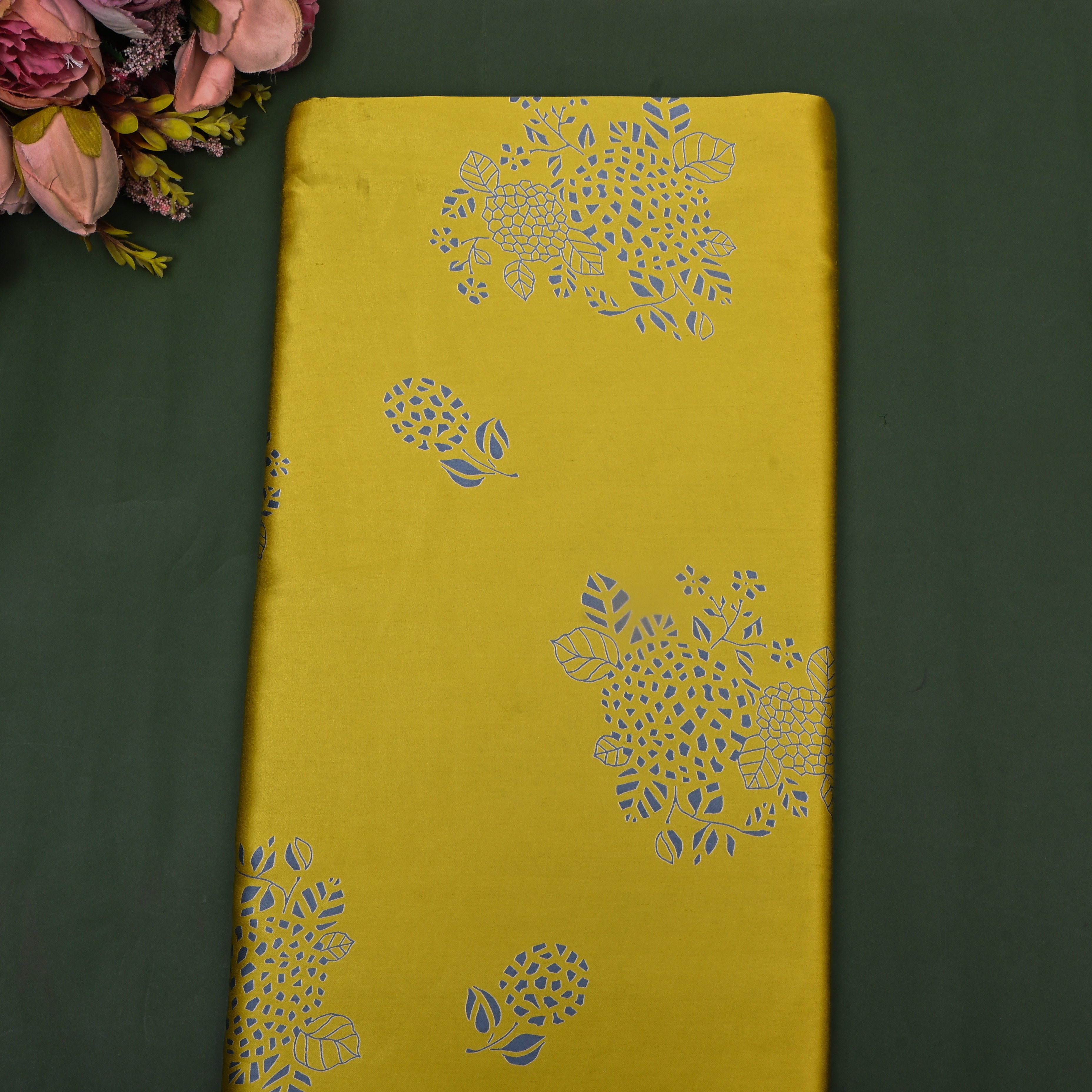 Lemon Yellow Floral Printed Satin Fabric