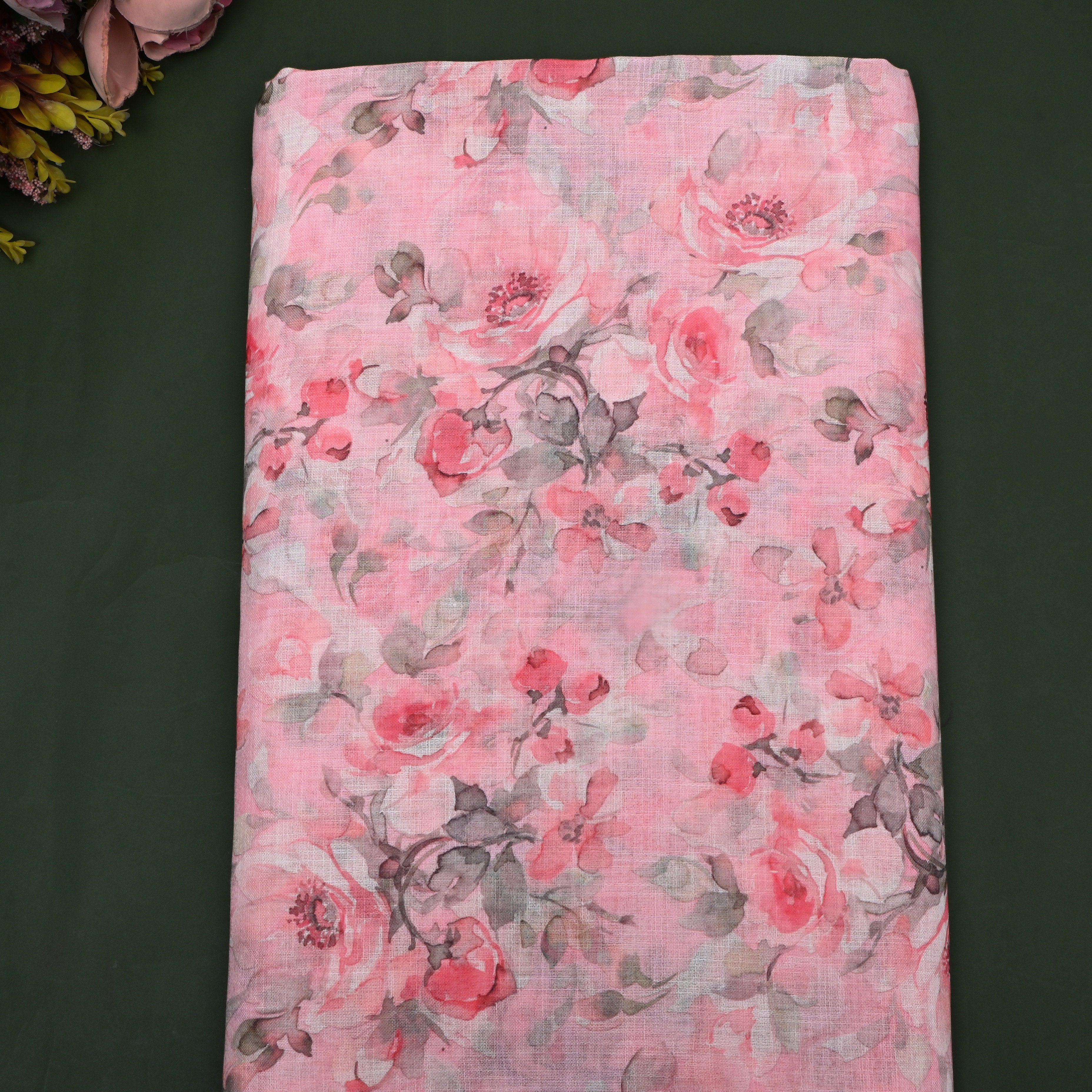 Blossom Pink Floral Printed Linen Fabric