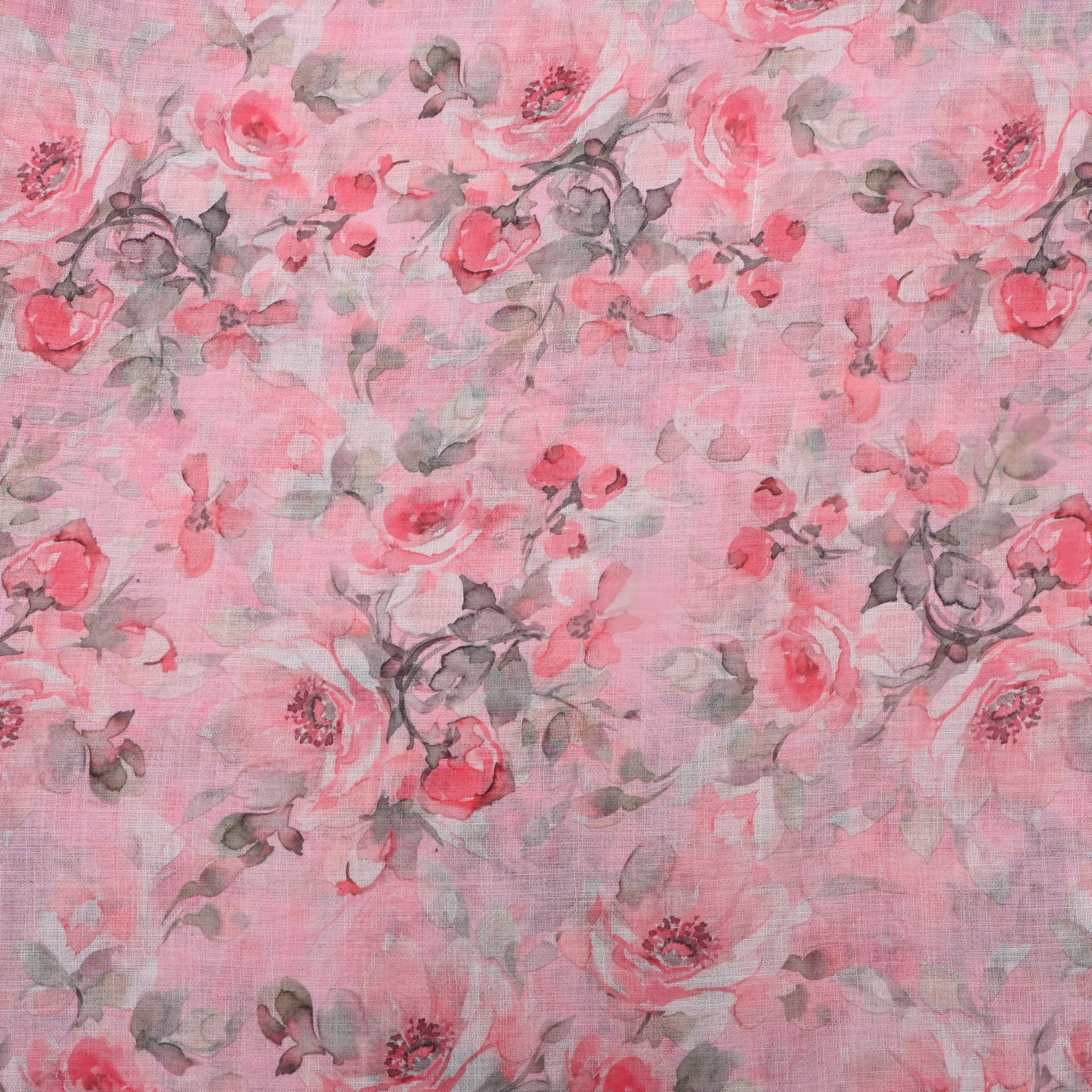 Blossom Pink Floral Printed Linen Fabric