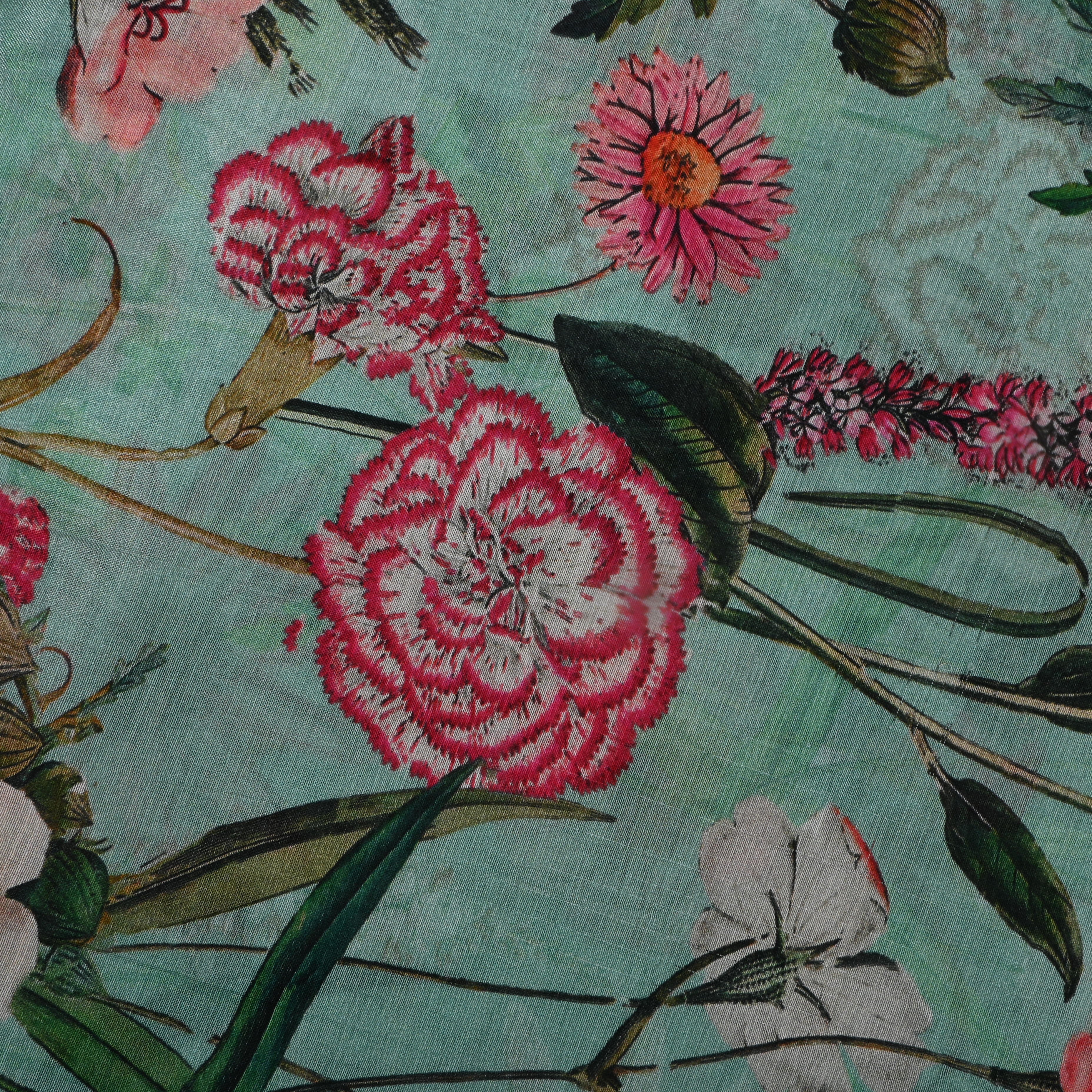 Aqua Green Floral Printed Silk Fabric