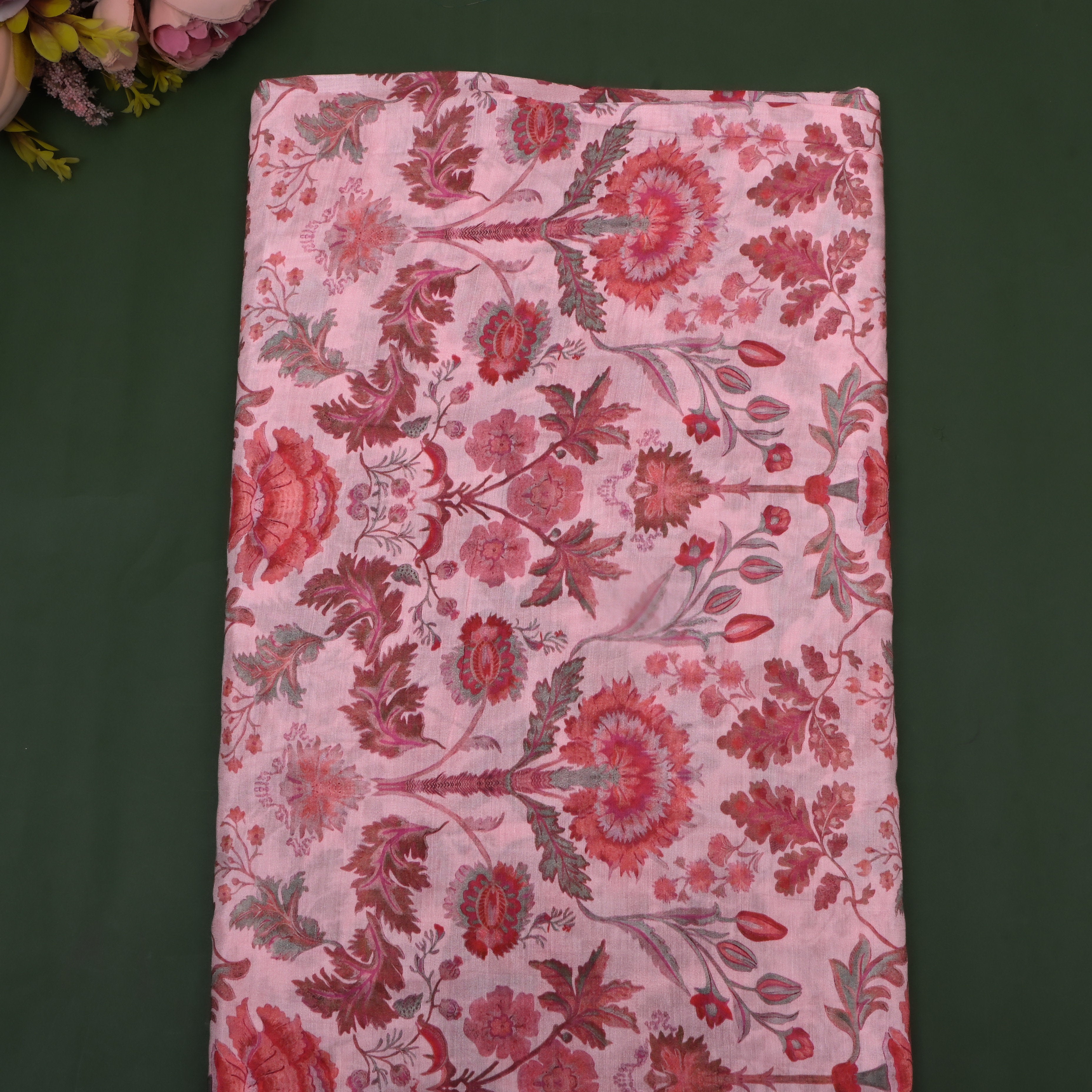 Flamingo Pink Floral Printed Chanderi Fabric