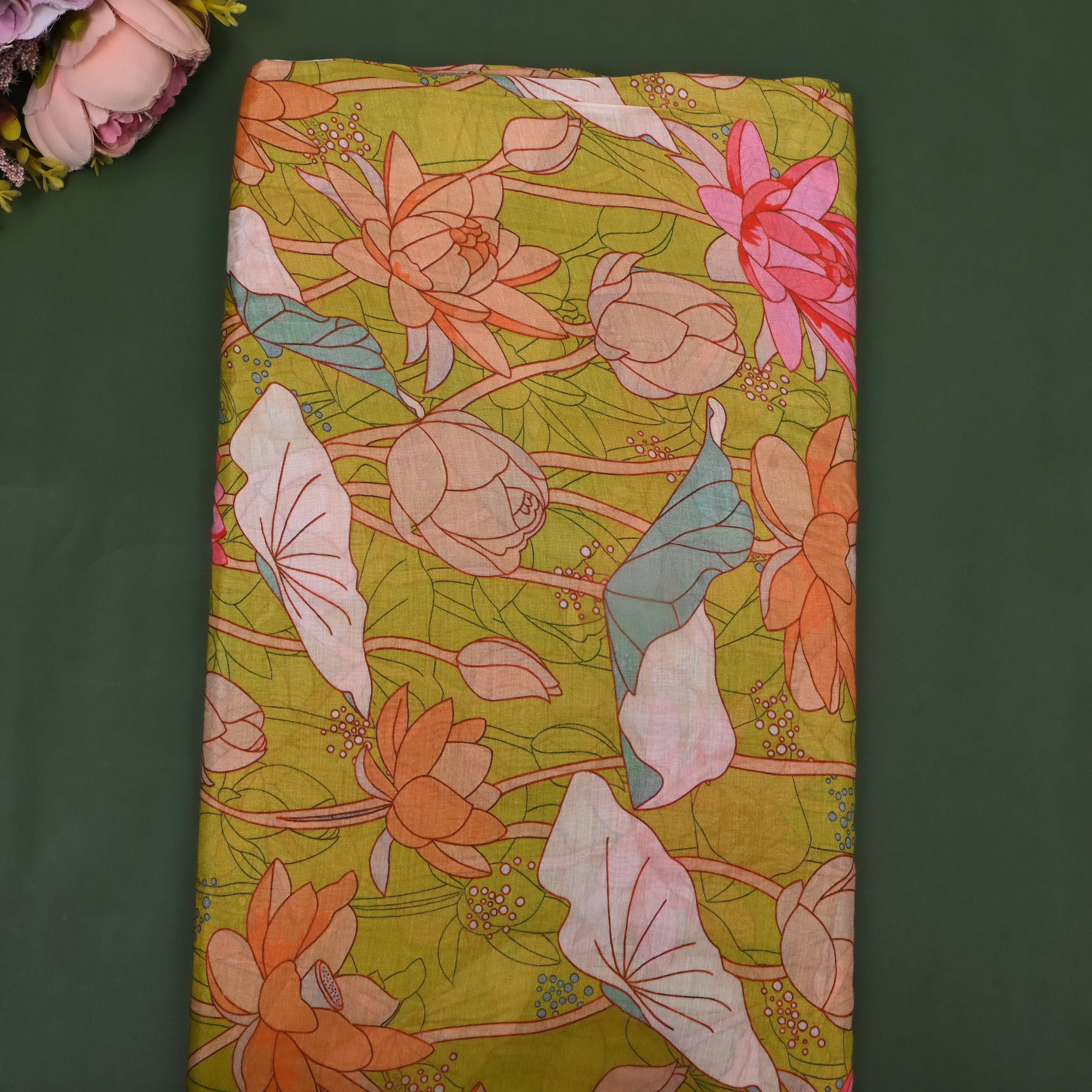 Earthy Green Lotus Printed Silk Fabric