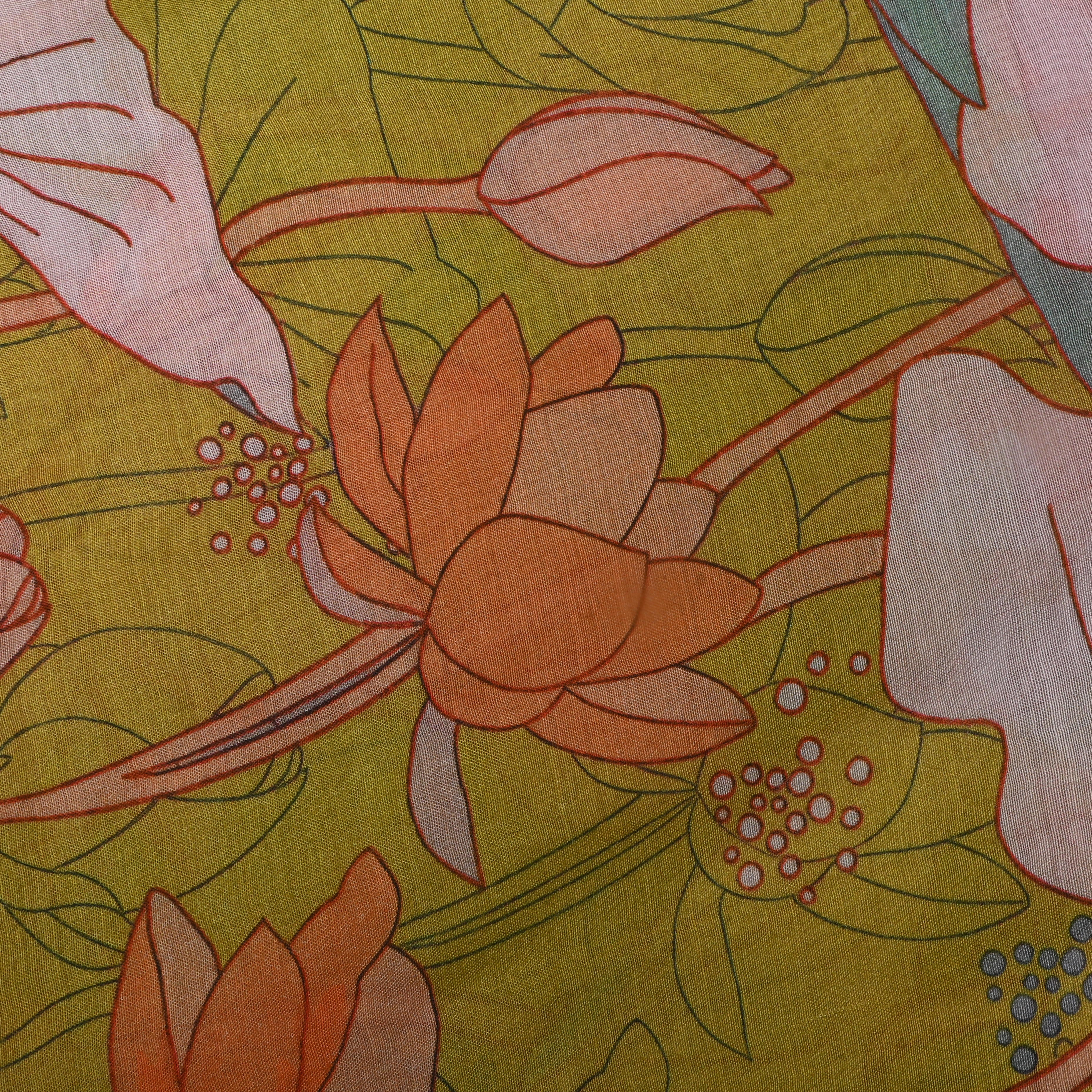 Earthy Green Lotus Printed Silk Fabric