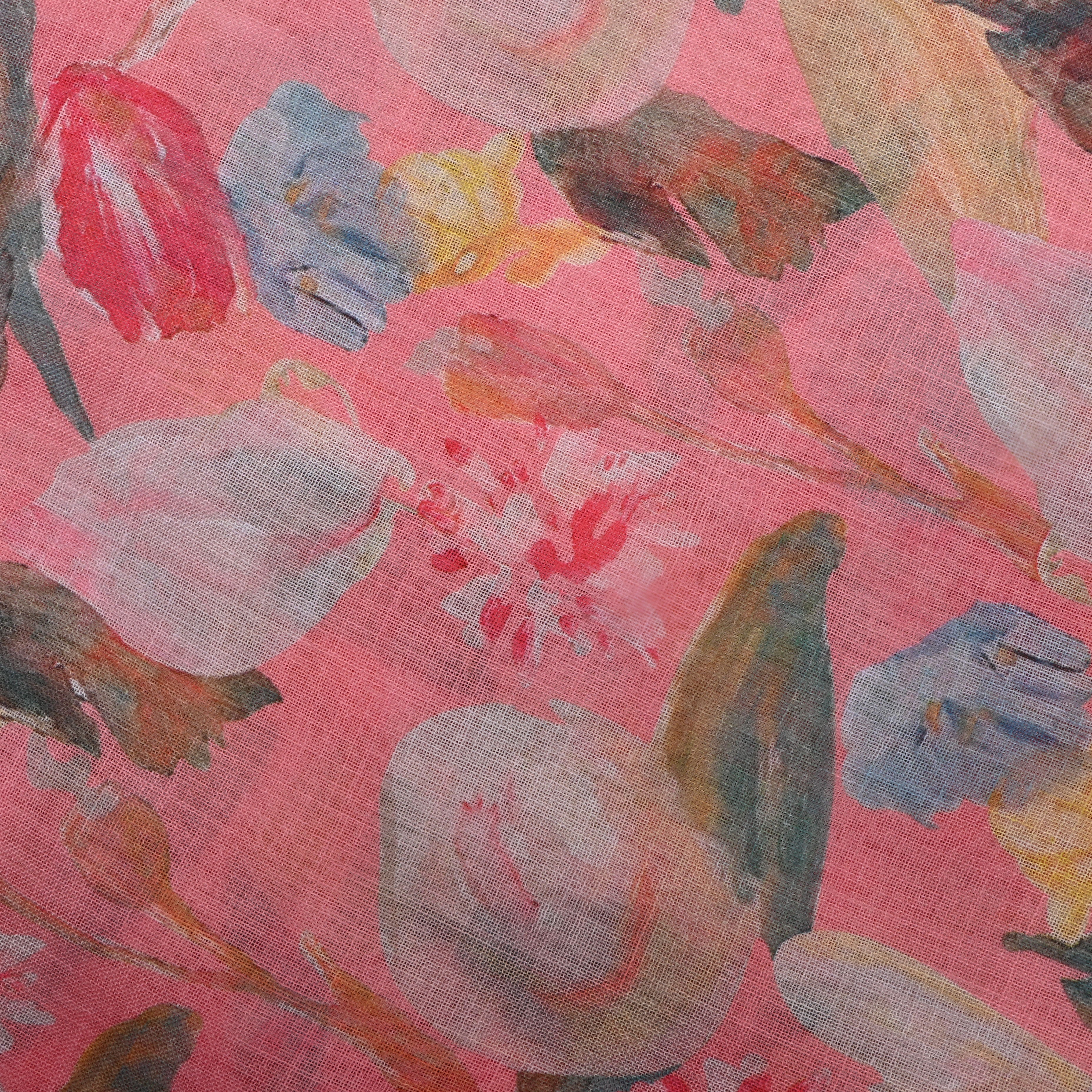 Flamingo Pink Floral Printed Linen Fabric