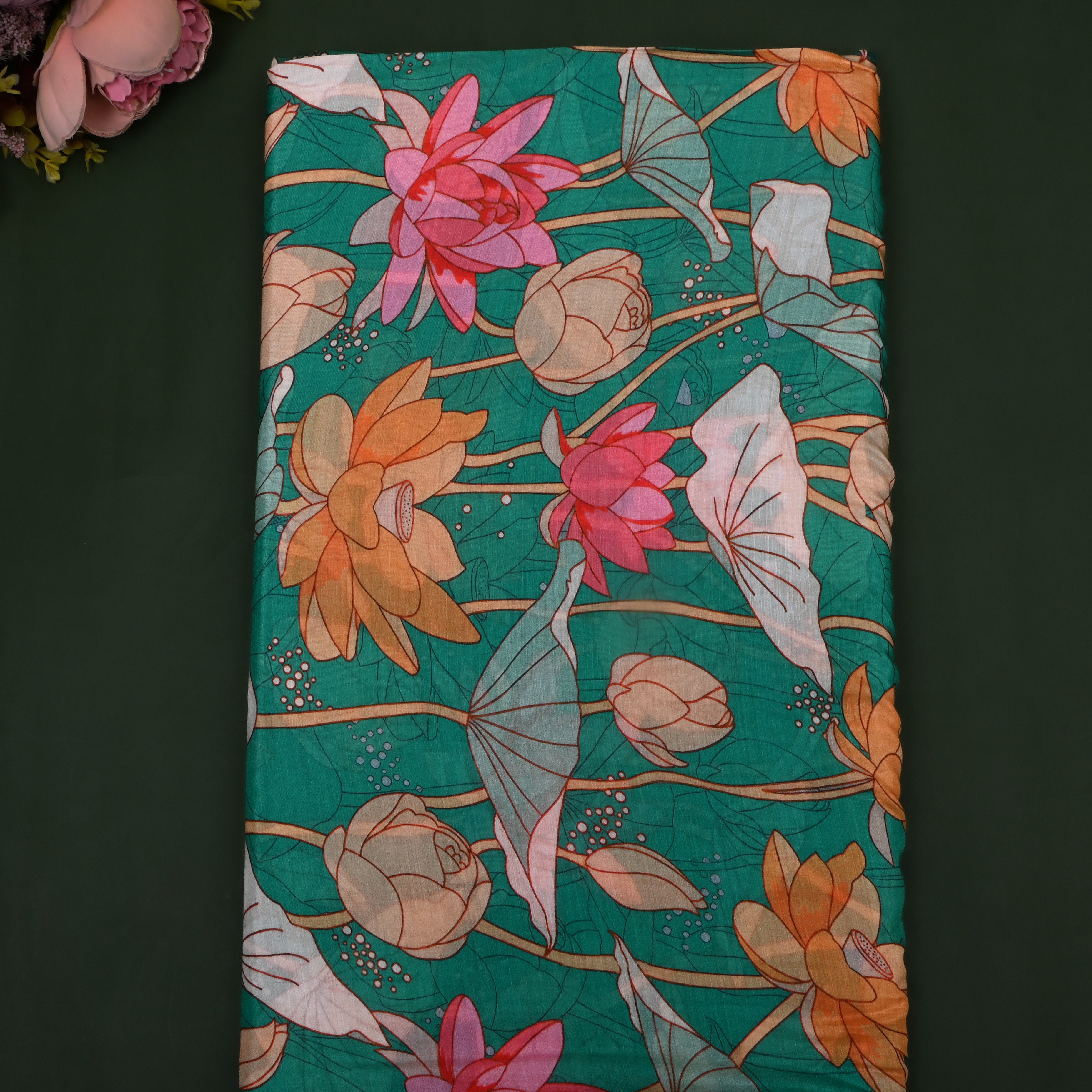 Teal Blue Lotus Printed Silk Fabric