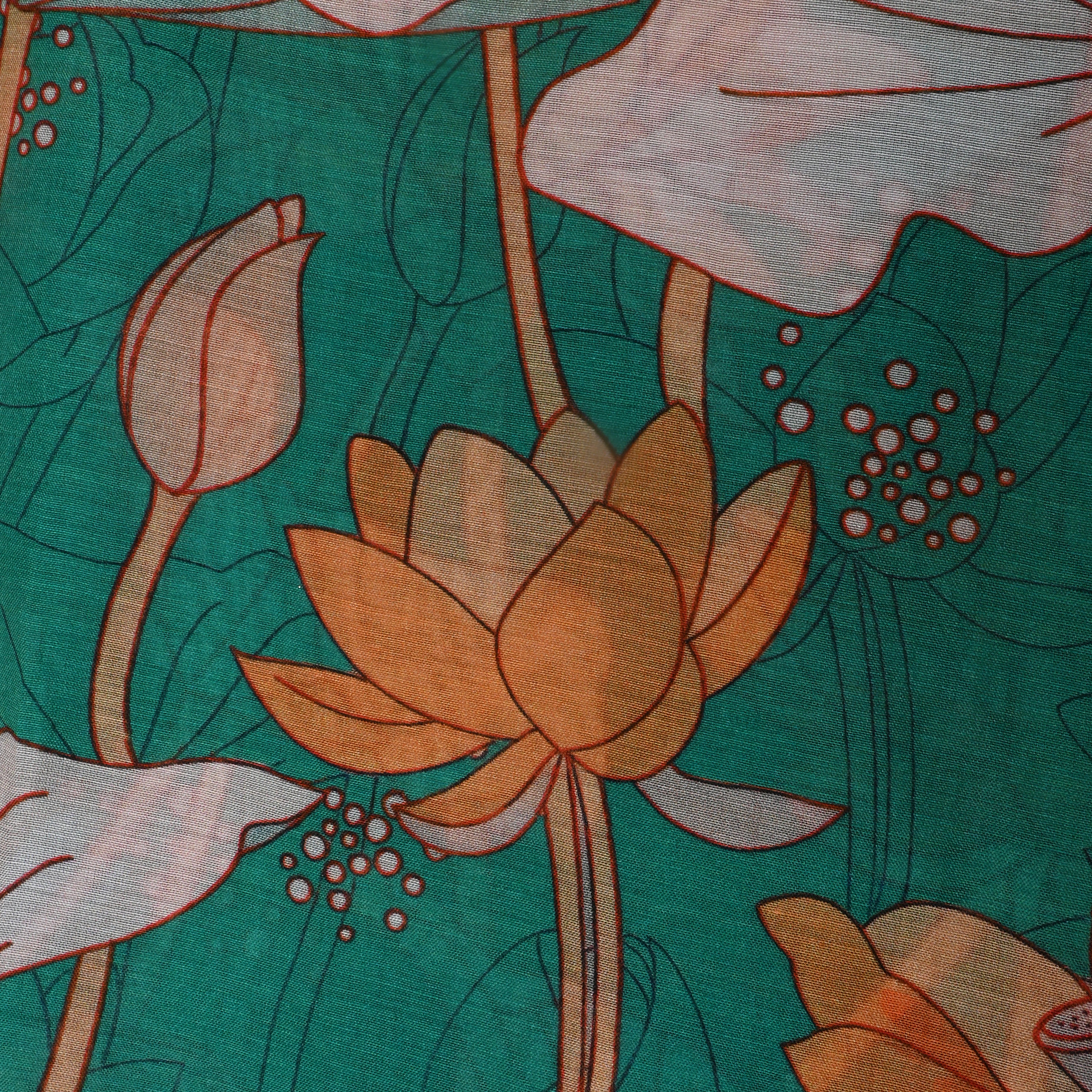 Teal Blue Lotus Printed Silk Fabric